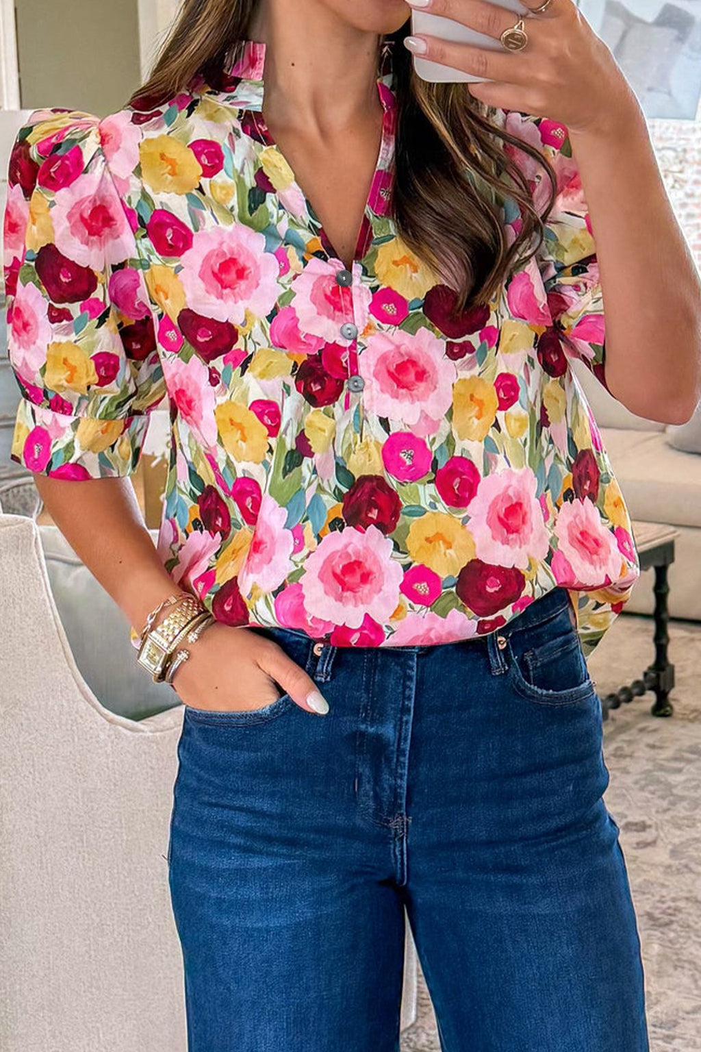 Floral Frilled V-Neck Short Puff Sleeve Blouse