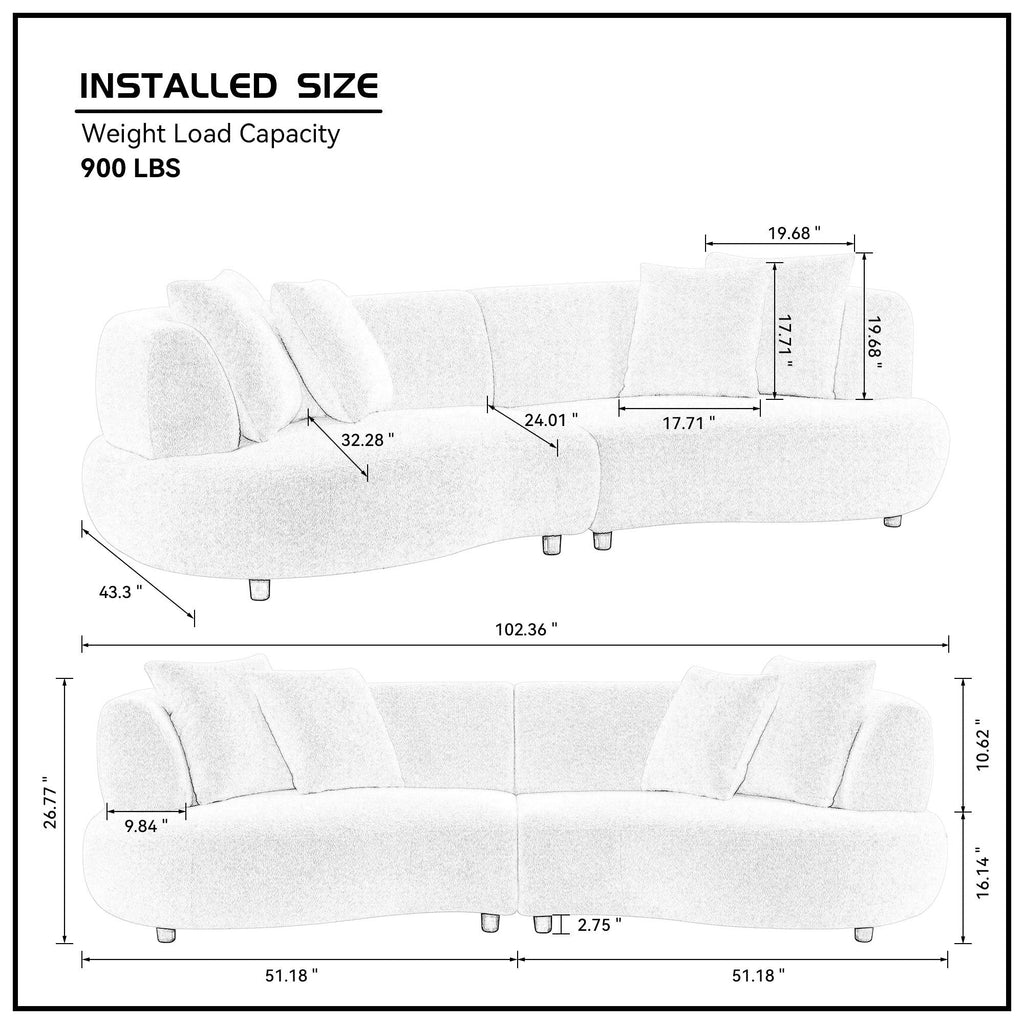102.36 inch Mid Century Modern Sectional Curved Sofa Couch, Comfy Sofa for Living Room,Upholstered 4-Seat Sofa Boucle Fabric Cream Style Couch for Apartment,White