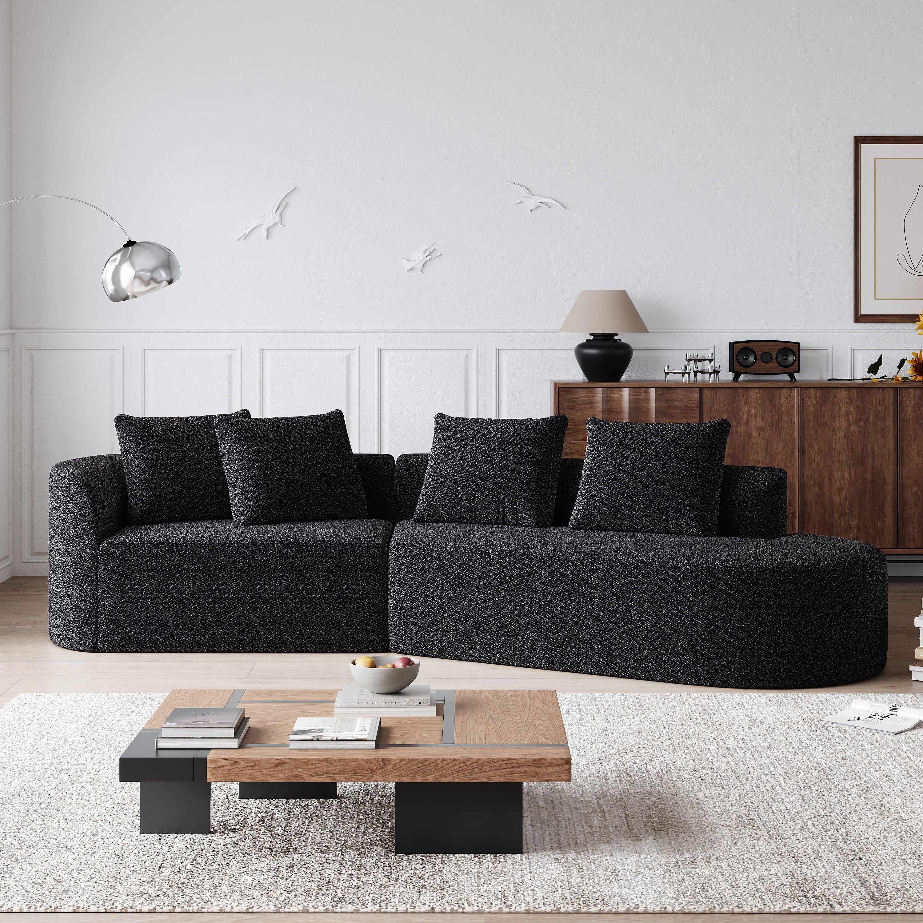 Modern Upholstered Oversized Sectional Sofa, 112-Inch Chenille 4-Seater Extra Deep & Wide Seat Curved Cloud Couch with 4 Throw Pillows, Free Combination Sofa Couch for Living Room,Bedroom