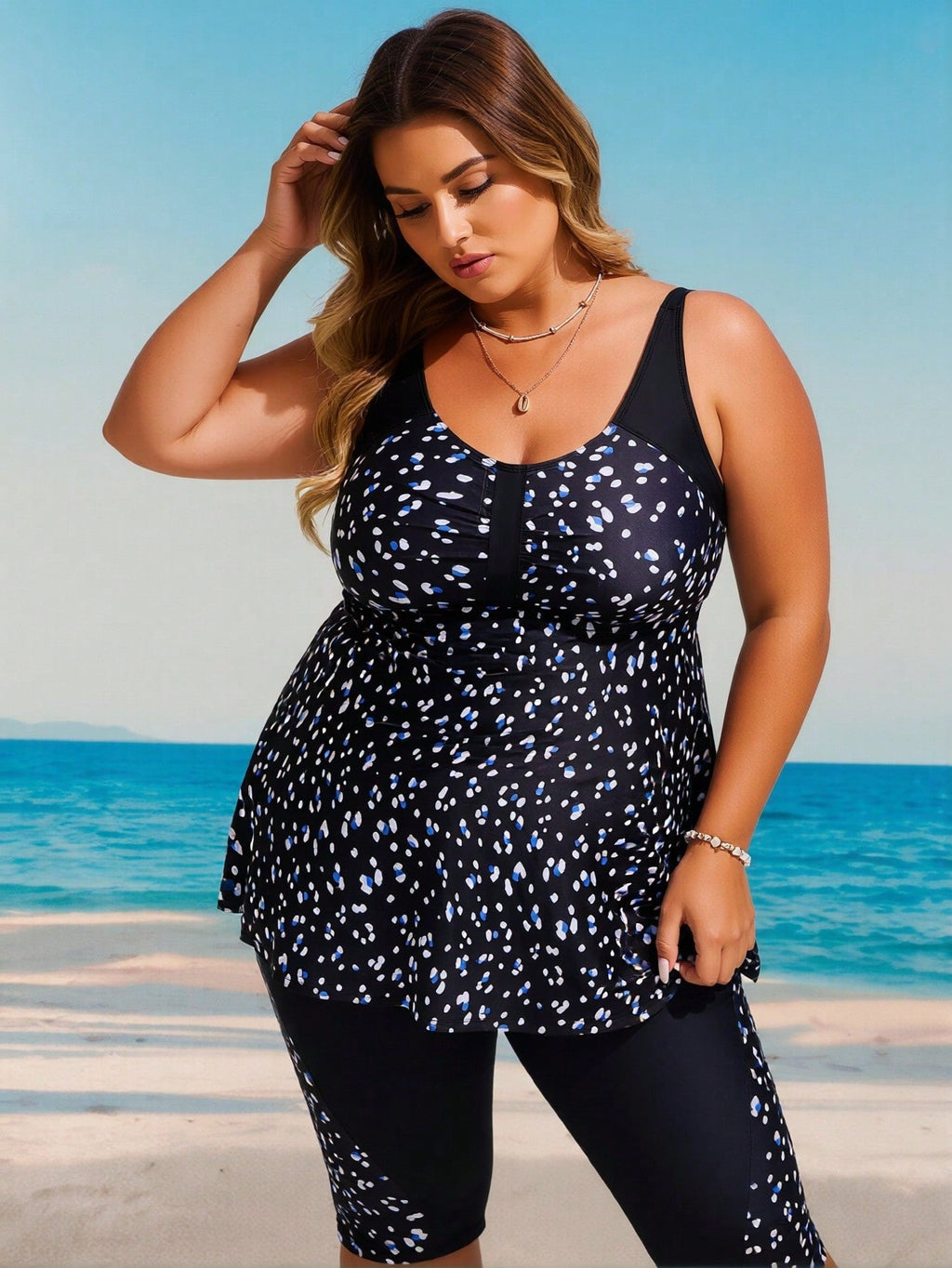 Women's Plus Size Modest Black & Blue Printed Tankini Set With Capri Leggings