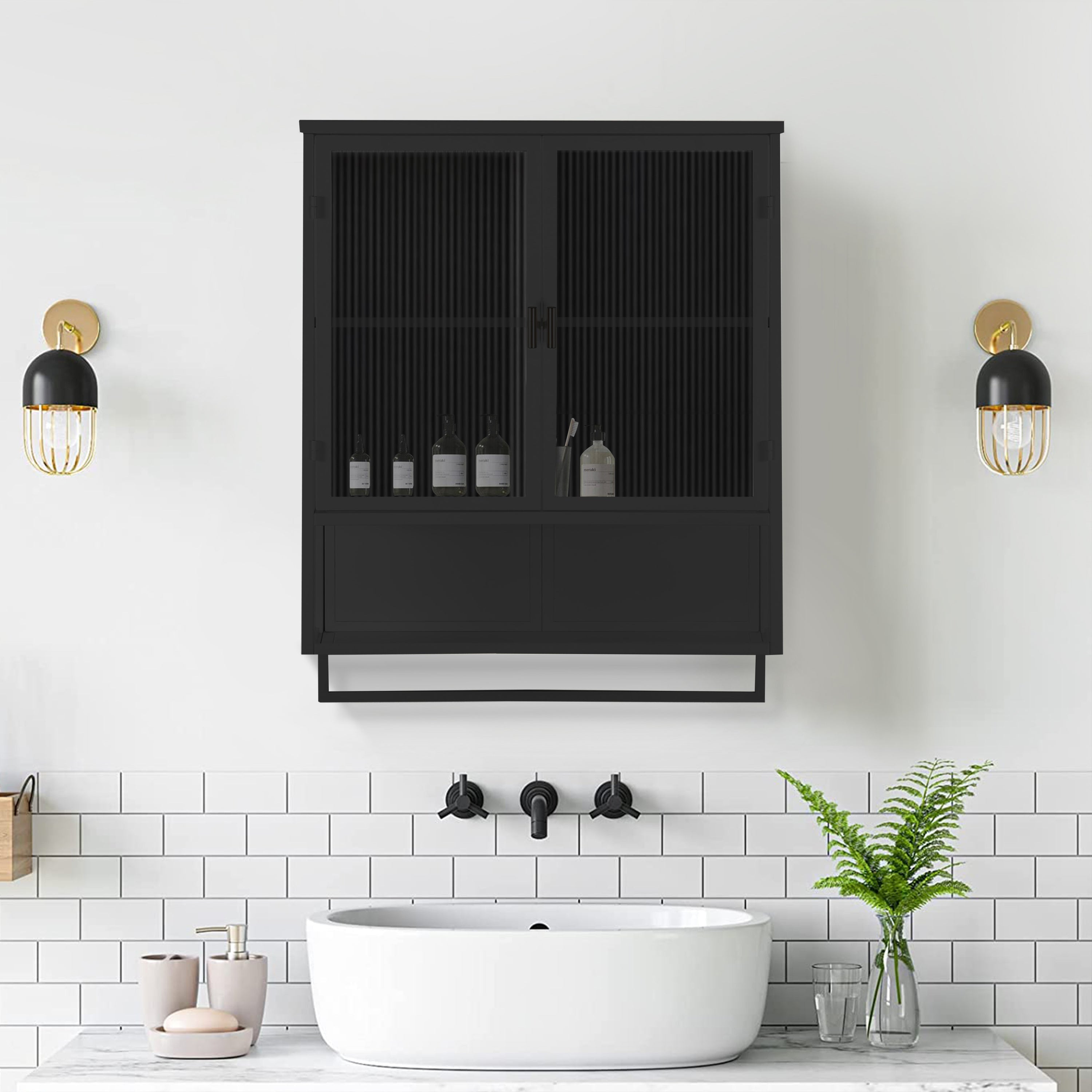23.62'Glass Doors Modern Two-door Wall Cabinet with Featuring Two-tier Enclosed Storage, an Open Shelf, and Towel Rack, for Entryway Living Room Bathroom Dining Room,Black