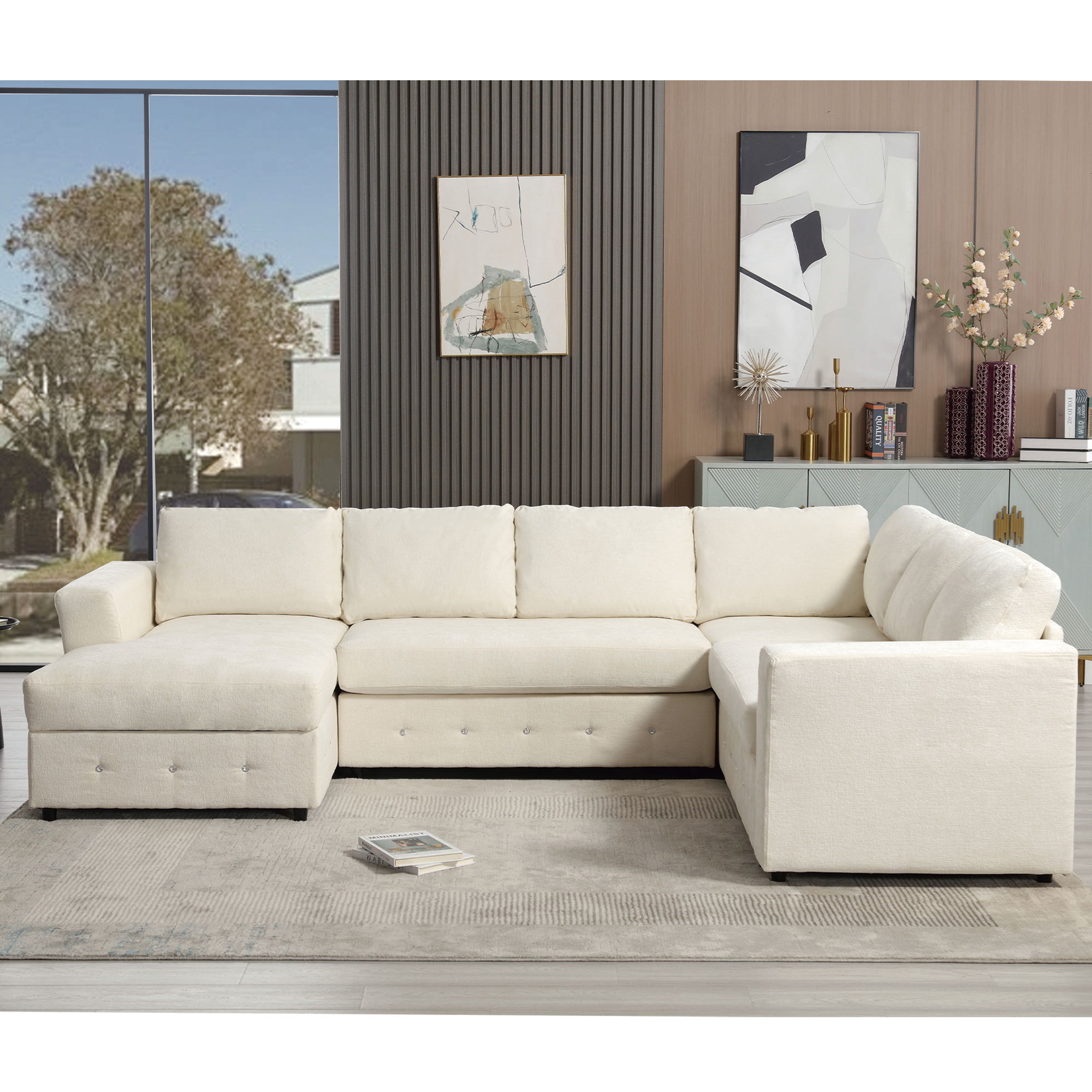 [NEW ARRIVED] [VIDEO PROVIDED]110.75' Sectional Sofa,Oversized modular sofa,Chaise Storage, Modern U Shaped  Couch , Upholstered Sofas,Chenille,Crystal button , Living Room, Apartment,  Beige