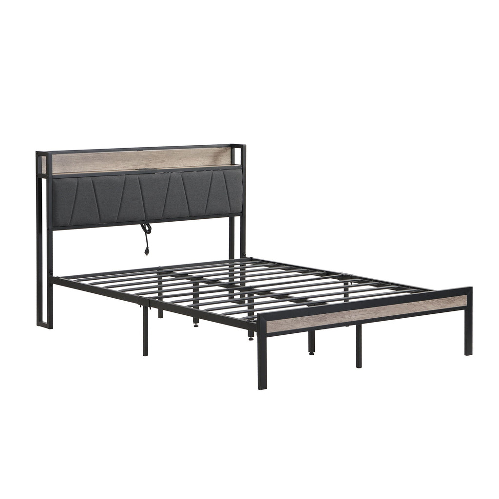 Modern Bed Frame With LED Lights, Upholstered Headboard, USB Charging
