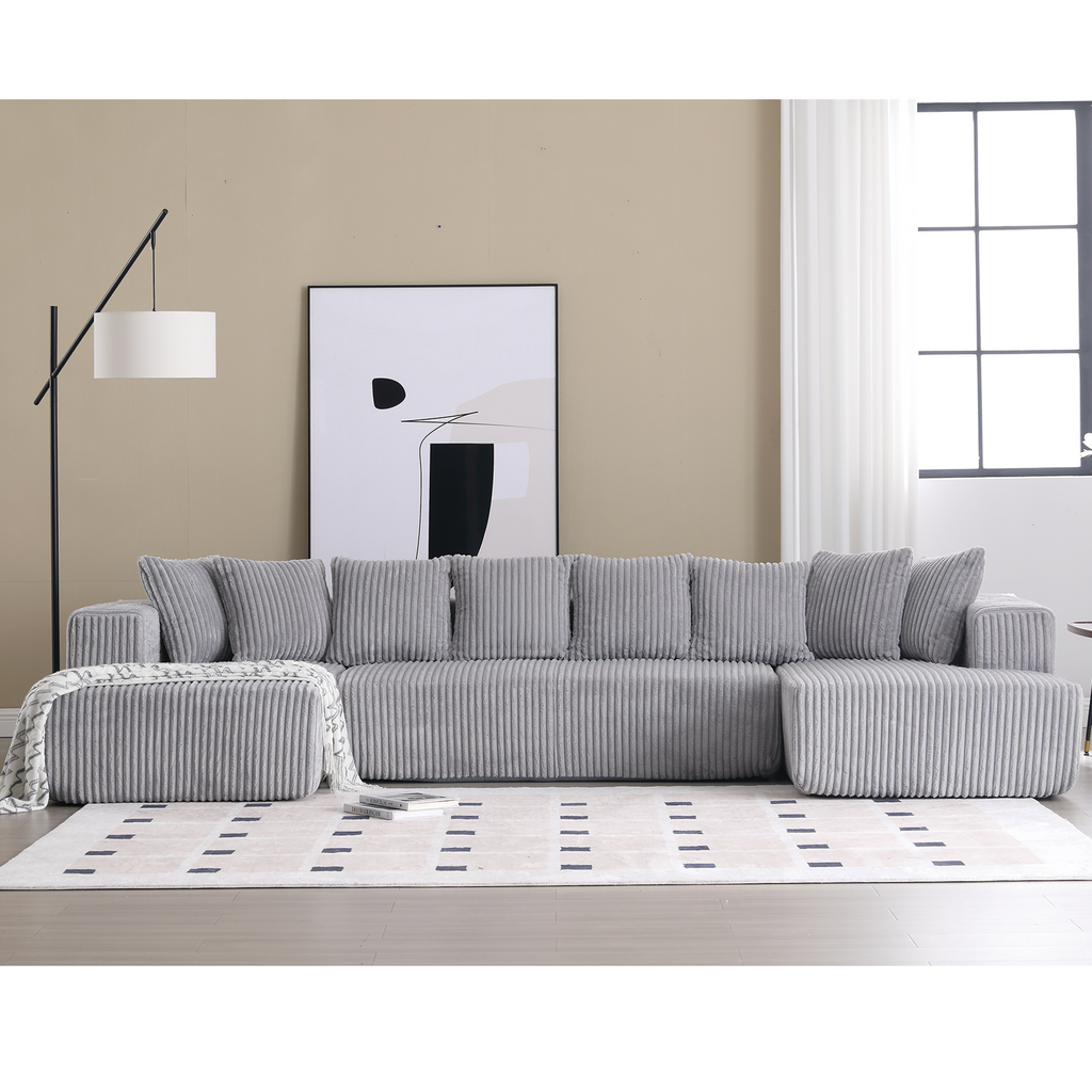 [NEW ARRIVED] [VIDEO PROVIDED]133.45'' Modular Sectional Couch, U-shaped sofa , Chaise Lounge, Striped fabric,Upholstered 4 Seater Couch for Living Room, Free Combination Sofa (Corduroy), Gray