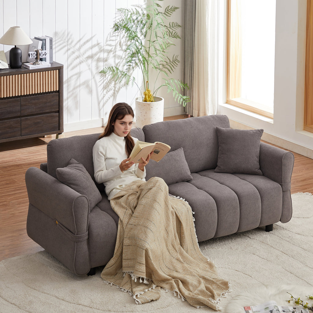 80''Premium chenille fabric sofa with 2 cushions and 1 lumbar pillow Armrest strap design,,upholstered 3-seater sofa  for living rooms, bedrooms,apartments and offices Grey