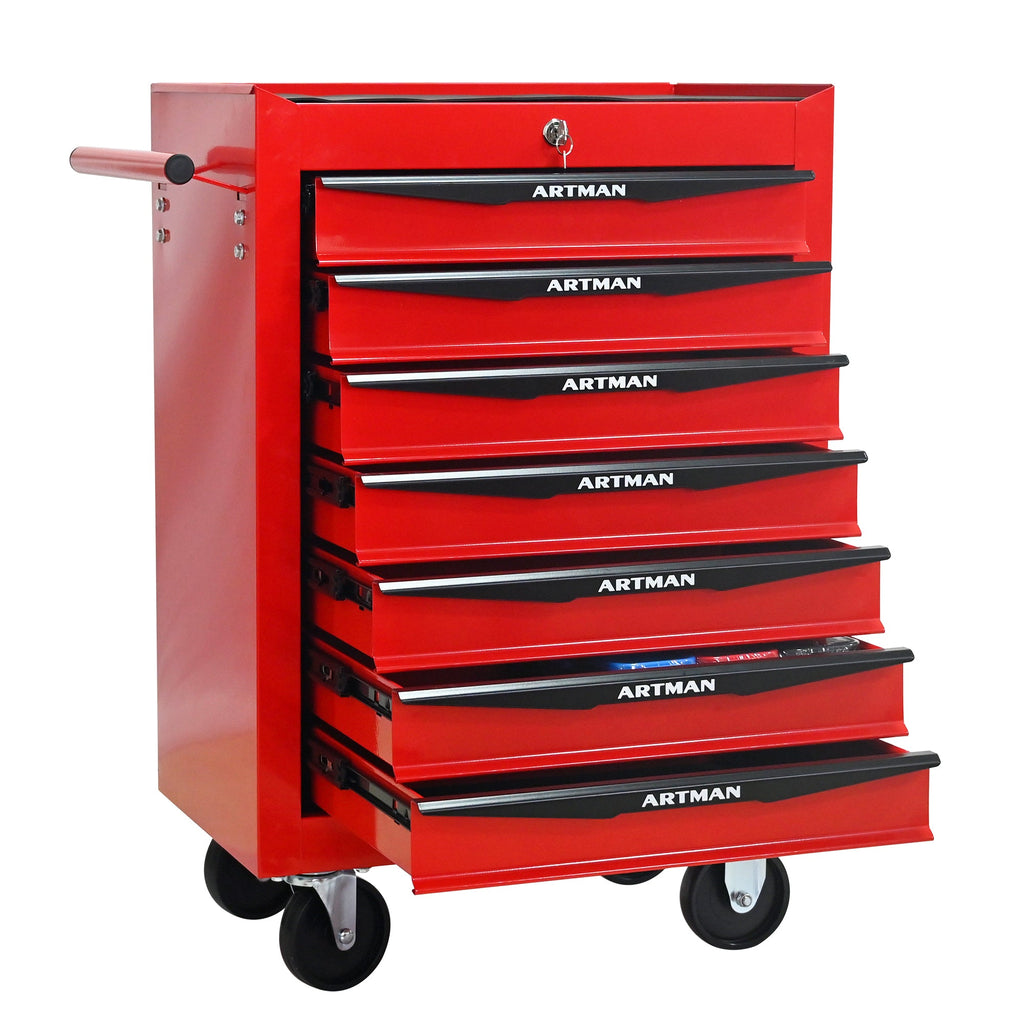 Rolling Metal Tool Chest with 7 Drawers, 20' Steel Storage Cabinet with Ball Bearing Slides, Red and Black Finish