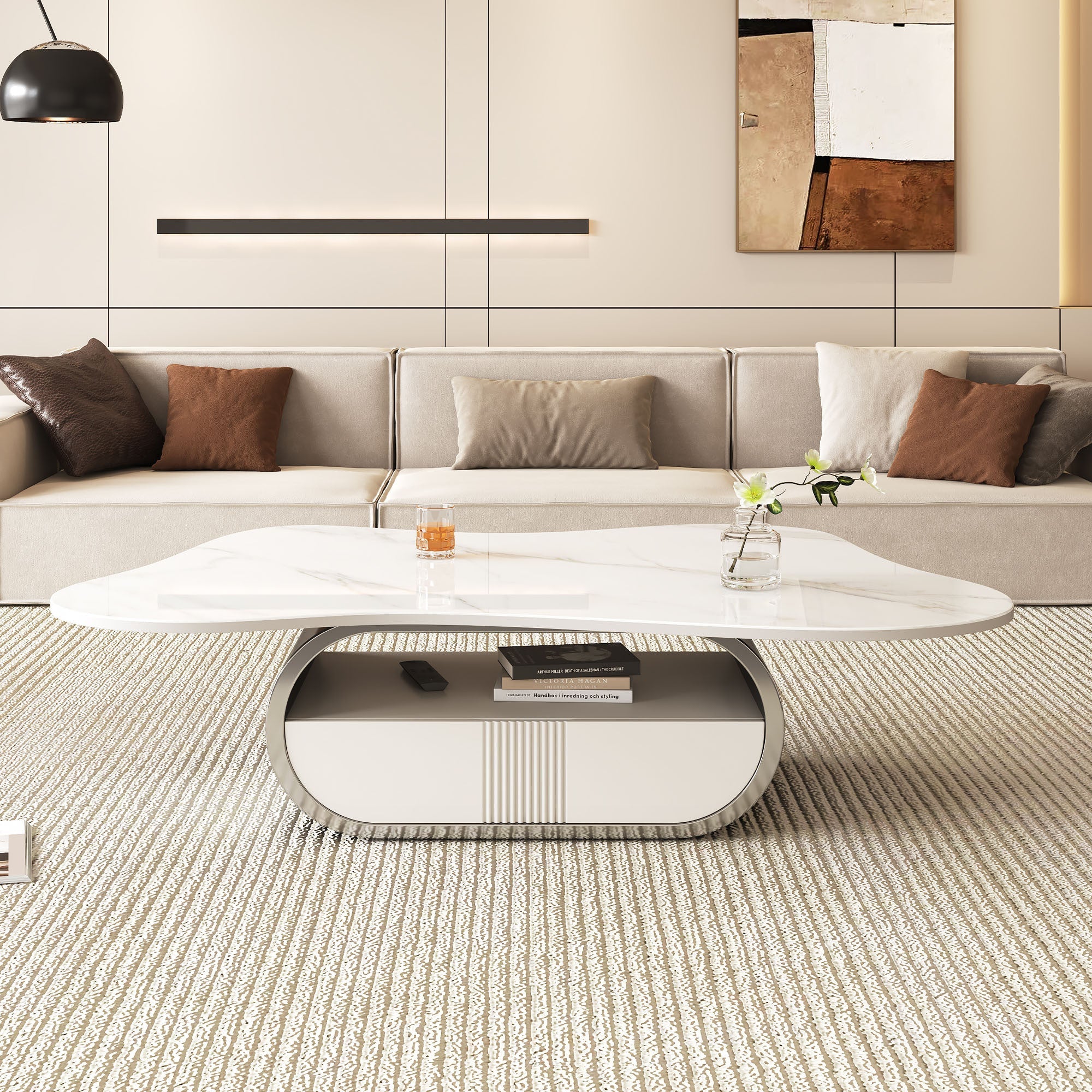 Modern Butterfly Coffee Table with Sintered Stone Top – Oval Center Table with Storage Shelf & Drawer, Stainless Steel Base & MDF Cabinet