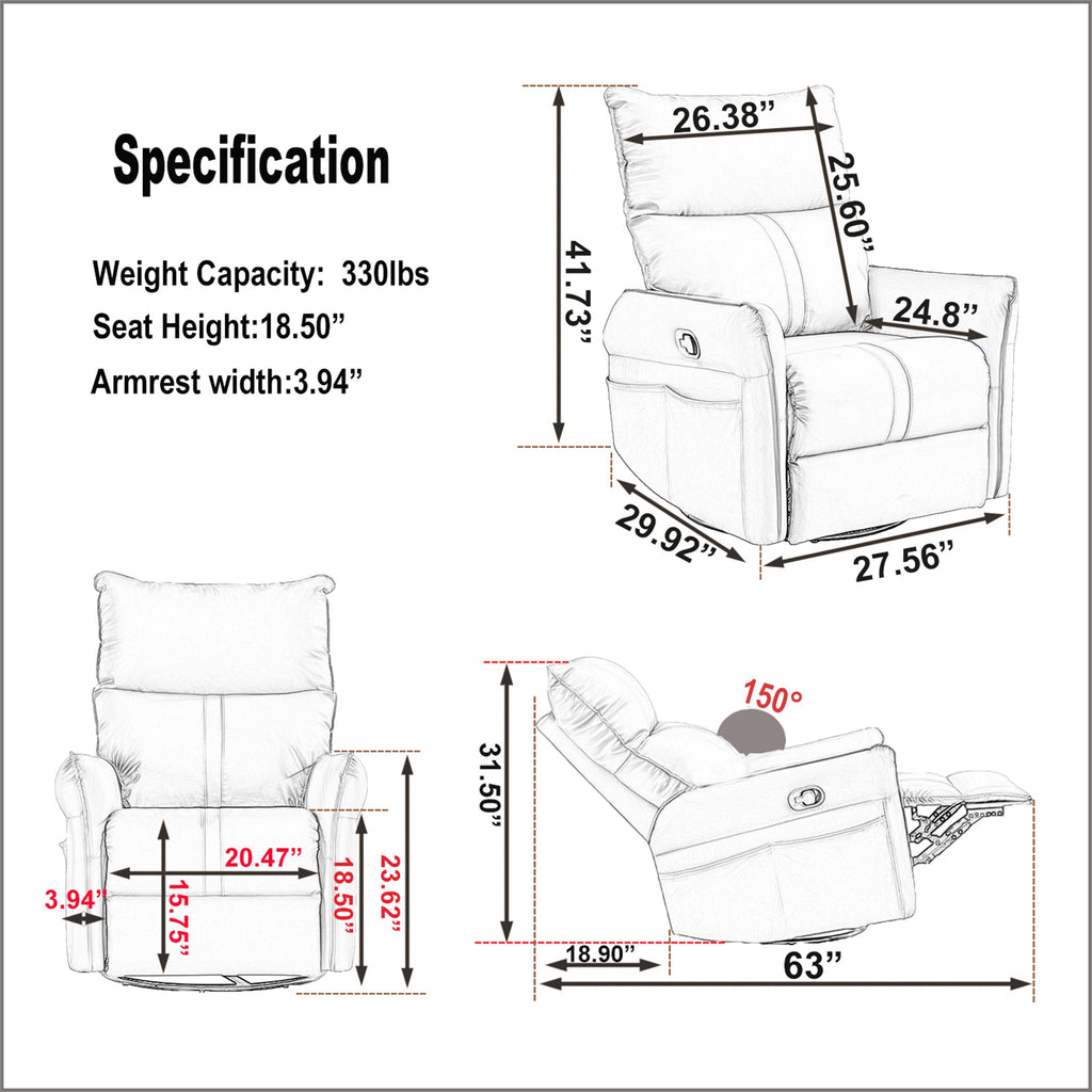 PU Rocking Recliner Chair, 360° Swivel Nursery Rocking Chair, Glider Chair, Modern Small Rocking Swivel Recliner Chair, Home Theater Seating, Side Pocket (Light Gray+360° Swivel)