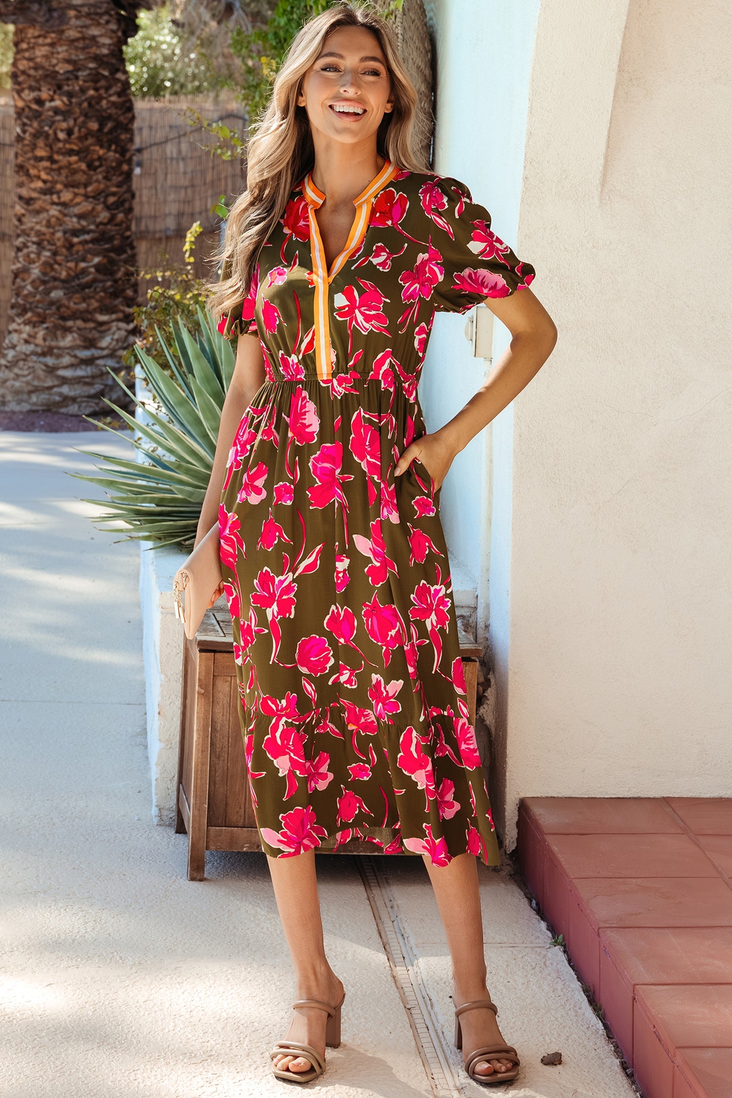 Floral Stripe Trim Short Puff Sleeve Maxi Dress