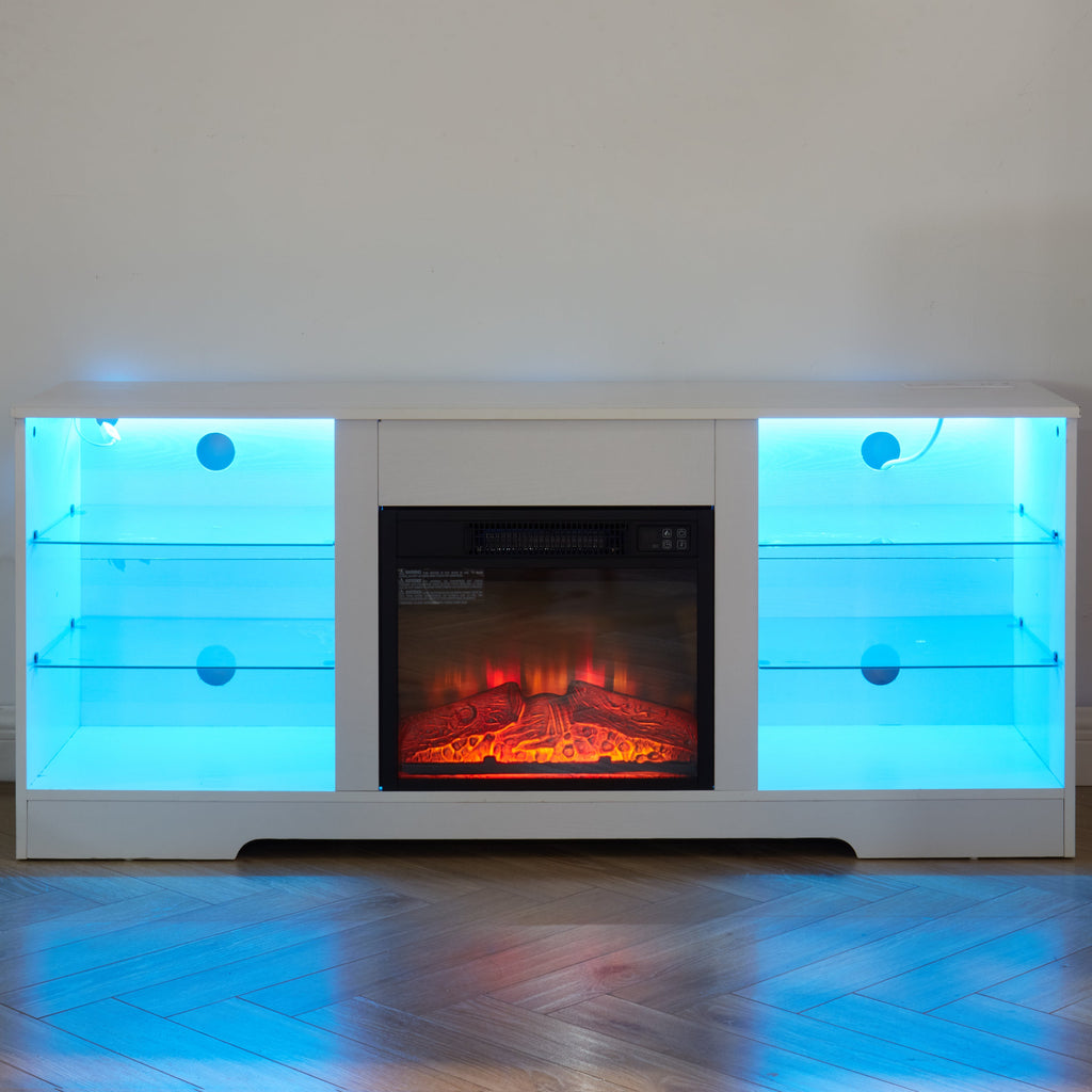 TV Stand Electric Fireplace  Glass Shelves, 3D Fireplace TV Stand with LED Lights Wood with USB Charging Outlet Modern Television Table Center for TV up to 62' White, 58''W*15.5''D*24.4