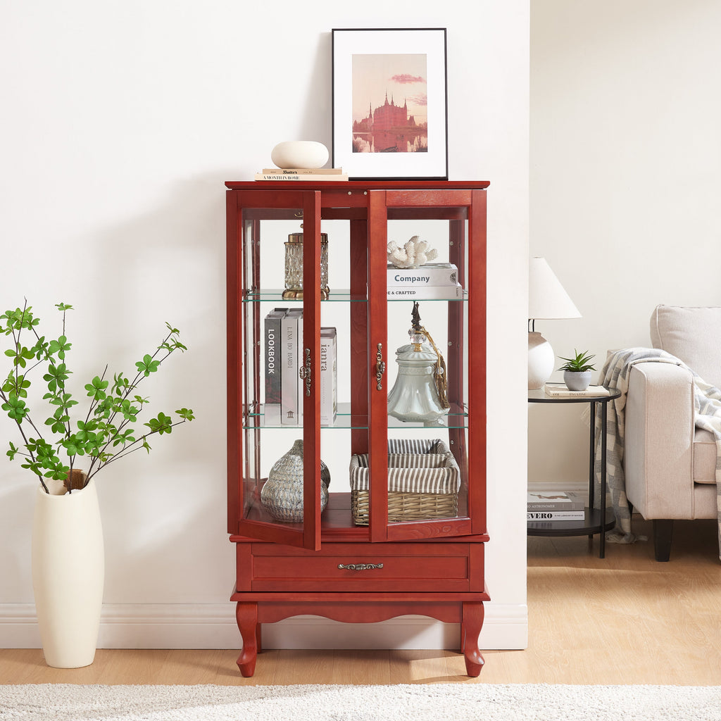 Lighted Glass Display Cabinet Glass Wine Cabinet Curio Display Cabinet with Adjustable Glass Shelves Two Doors and One Drawer Bulb Included for Home Decor and Storage-CHERRY