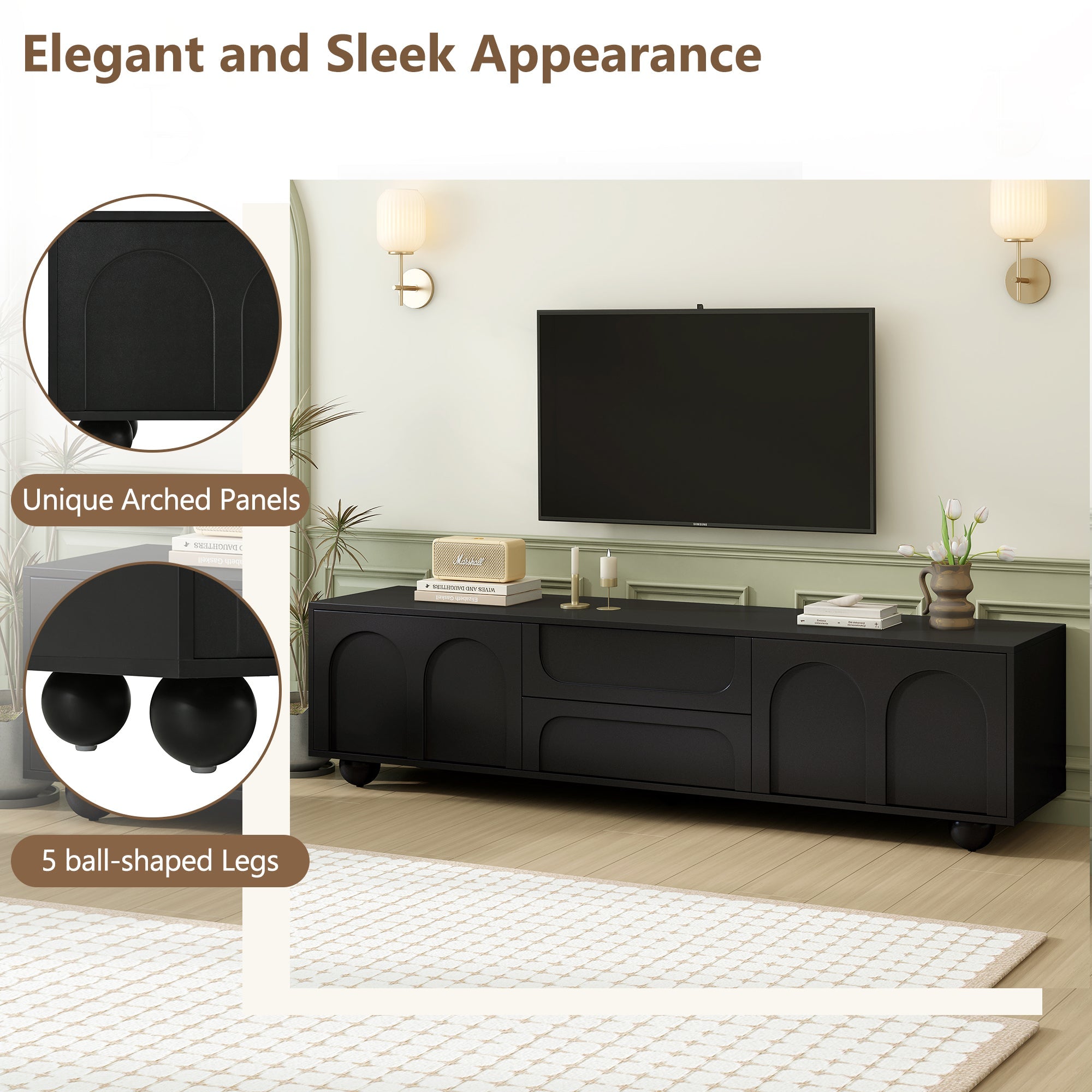 ON-TREND Cream Style TV Stand with Arched Doors & 2 Drawers for TVs up to 75', Minimalist Media Console with Rebound Device, Entertainment Center with 5 Iron Round Legs for Living Room, Bedroom, Black
