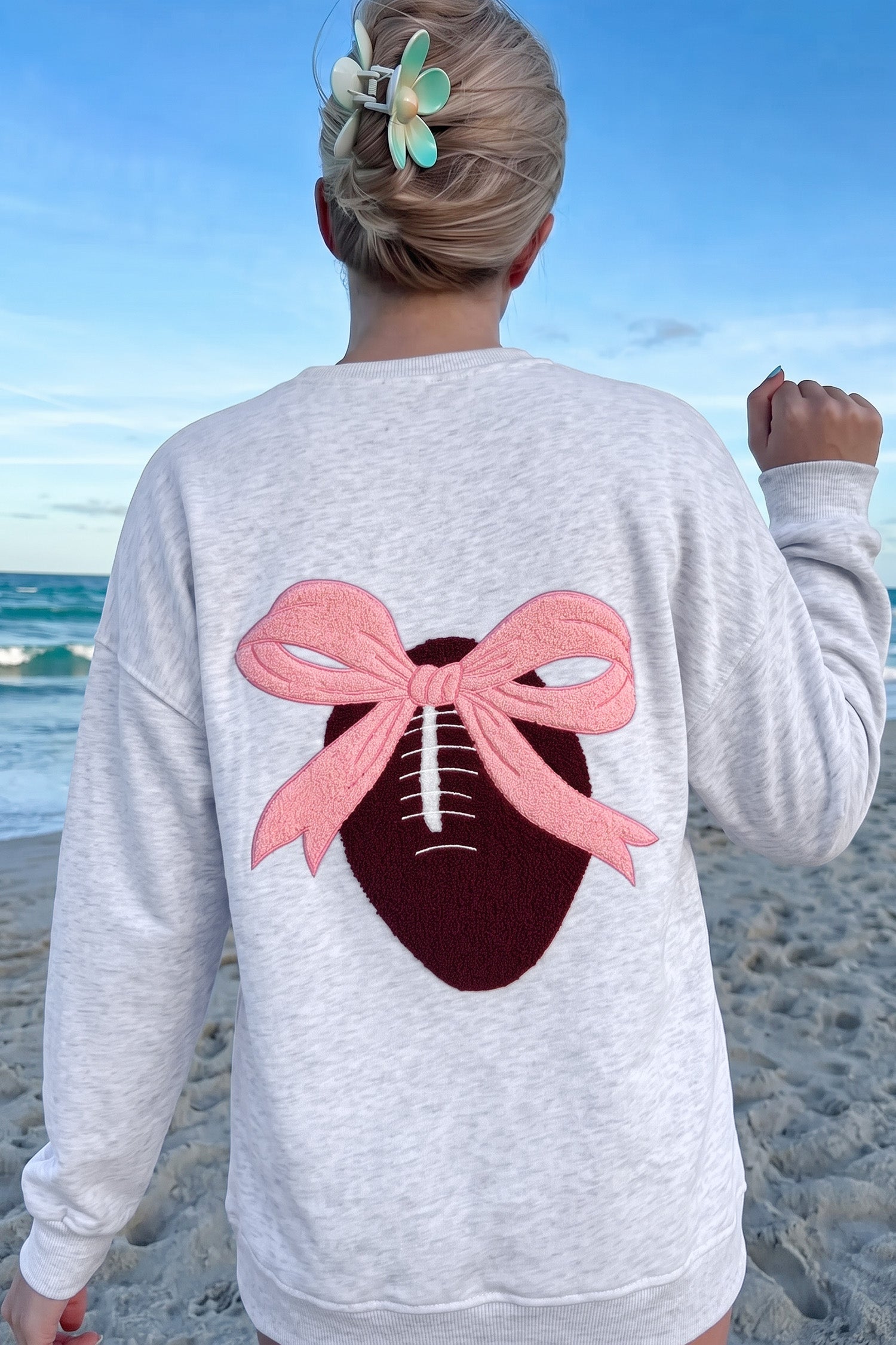 Football Bow Embroidered Patch Long Sleeve Sweatshirt