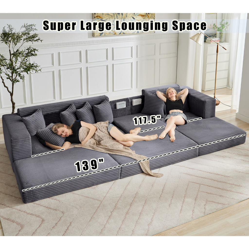 [NEW ARRIVED] [VIDEO PROVIDED] Oversize Cloud Couch, L-Shape Sofa, Convertible Floor Sleeper Sofa Bed, No Assembly ,Eight pillows,3-in-1,Magazine bag,(Right Facing Sofa),3 Seat,Corduroy,Dark Gray