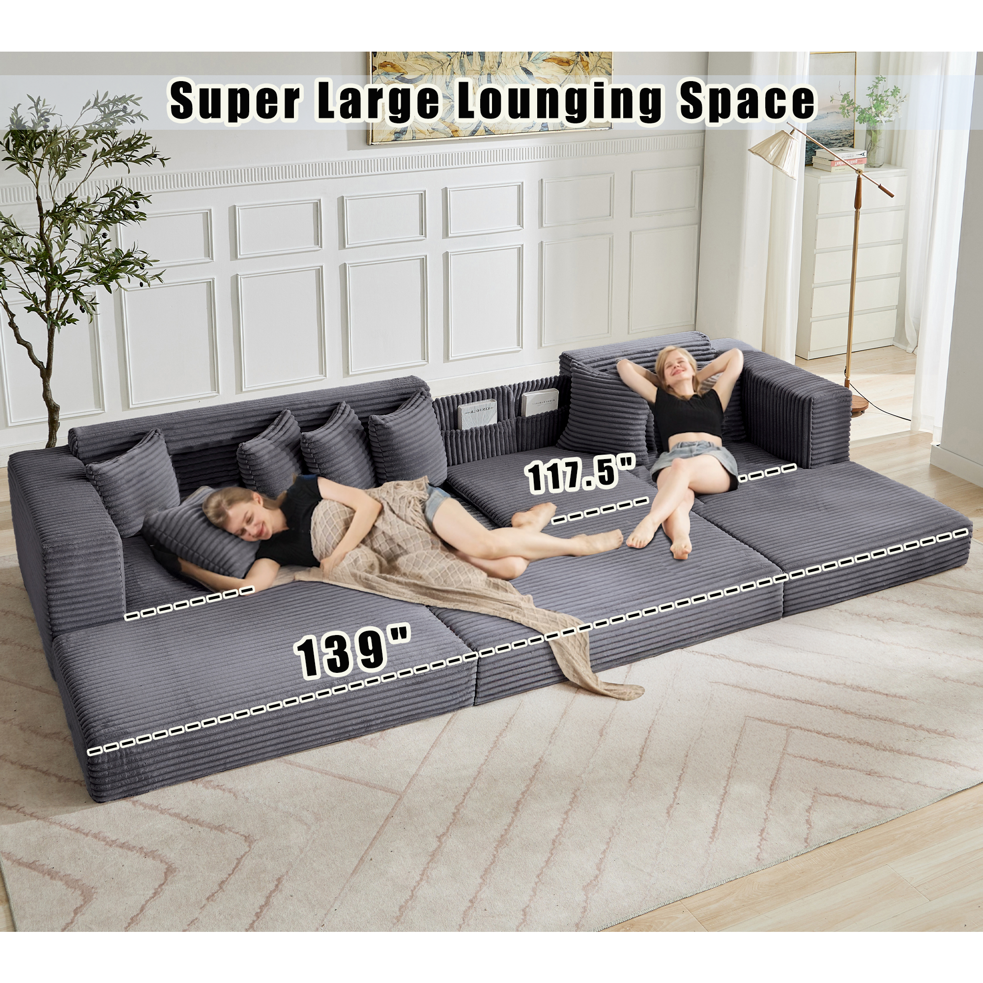 [NEW ARRIVED] [VIDEO PROVIDED] Oversize Cloud Couch, L-Shape Sofa, Convertible Floor Sleeper Sofa Bed, No Assembly ,Eight pillows,3-in-1,Magazine bag,(Right Facing Sofa),3 Seat,Corduroy,Dark Gray
