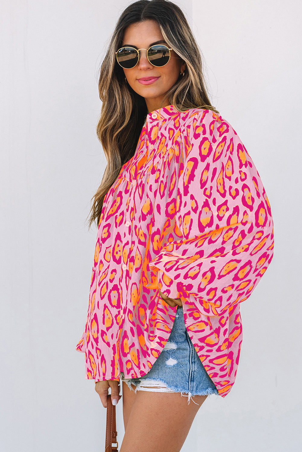 Leopard Balloon Sleeve Button-Up Shirt