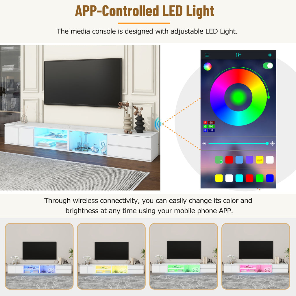 ON-TREND Modern APP Controlled LED TV Stand for TVs Up to 105'', Faux Marble Tabletop Media Console with Tempered Glass Doors, Entertainment Center with 2 Drawers & Cabinets for Living Room, White