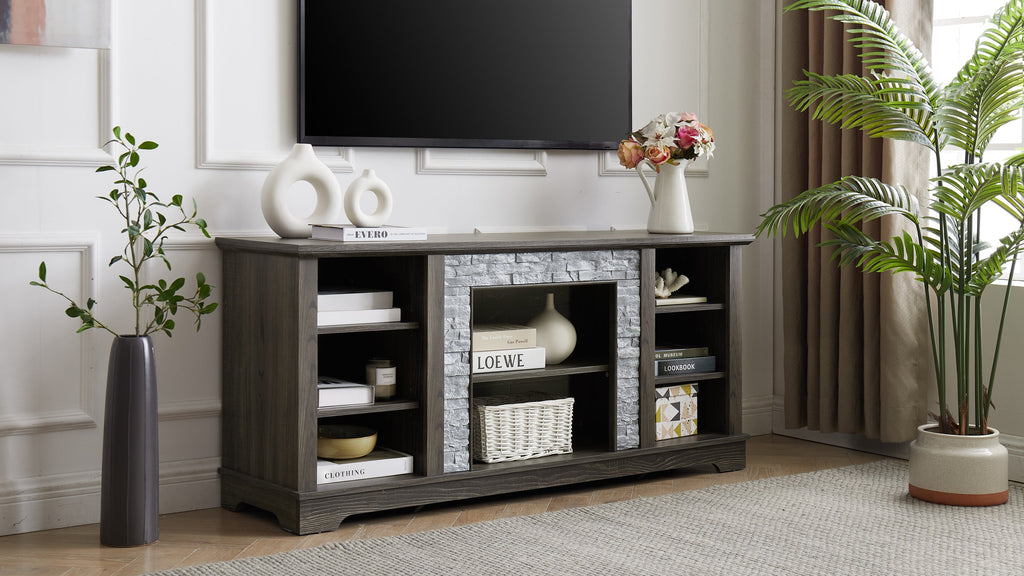 Mantel Stone TV Media Stand with with Faux Stacked Stone Surround, Modern Entertainment Console with Open Storage Space,Grey, 58.31'W*15.39'D*26.06'H