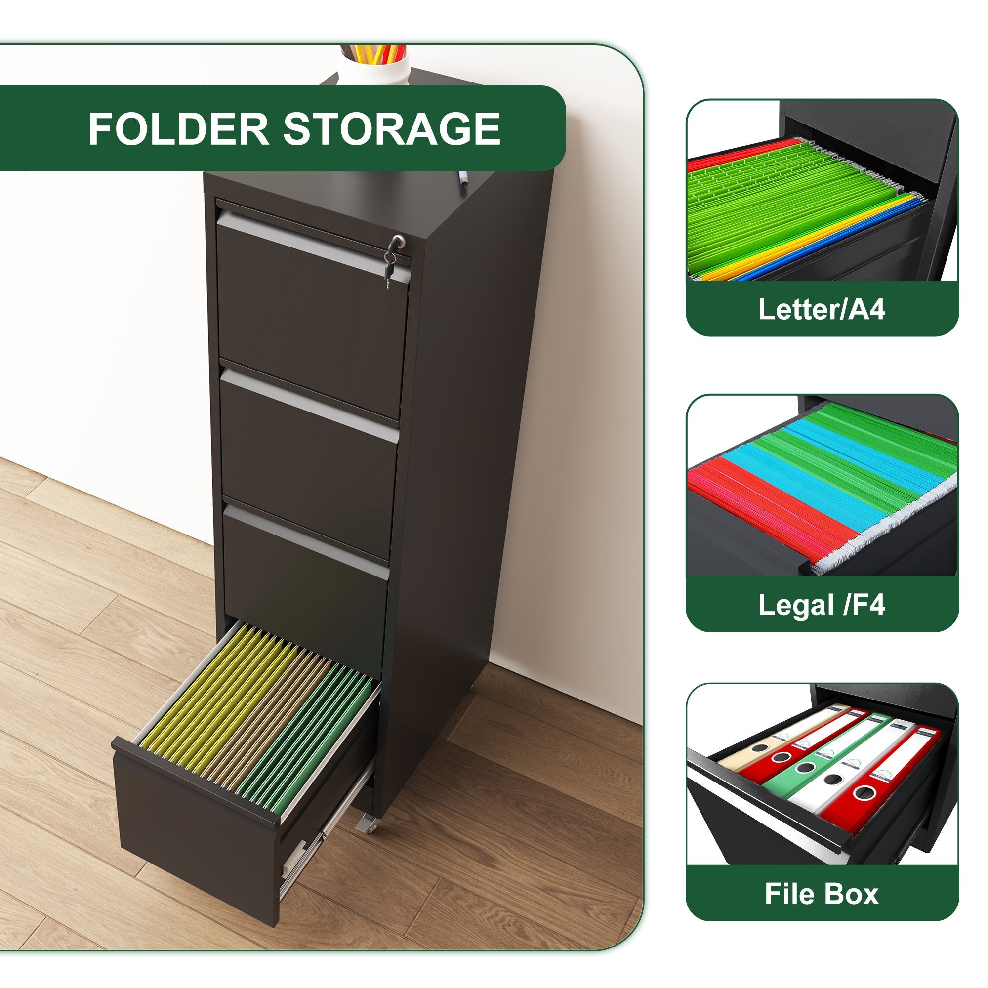Black Heavy-Duty Metal 4 Drawer Locking Vertical File Cabinet with Wheels for Home & Office, 17.71'D x 15.16'W x 52.28'H
