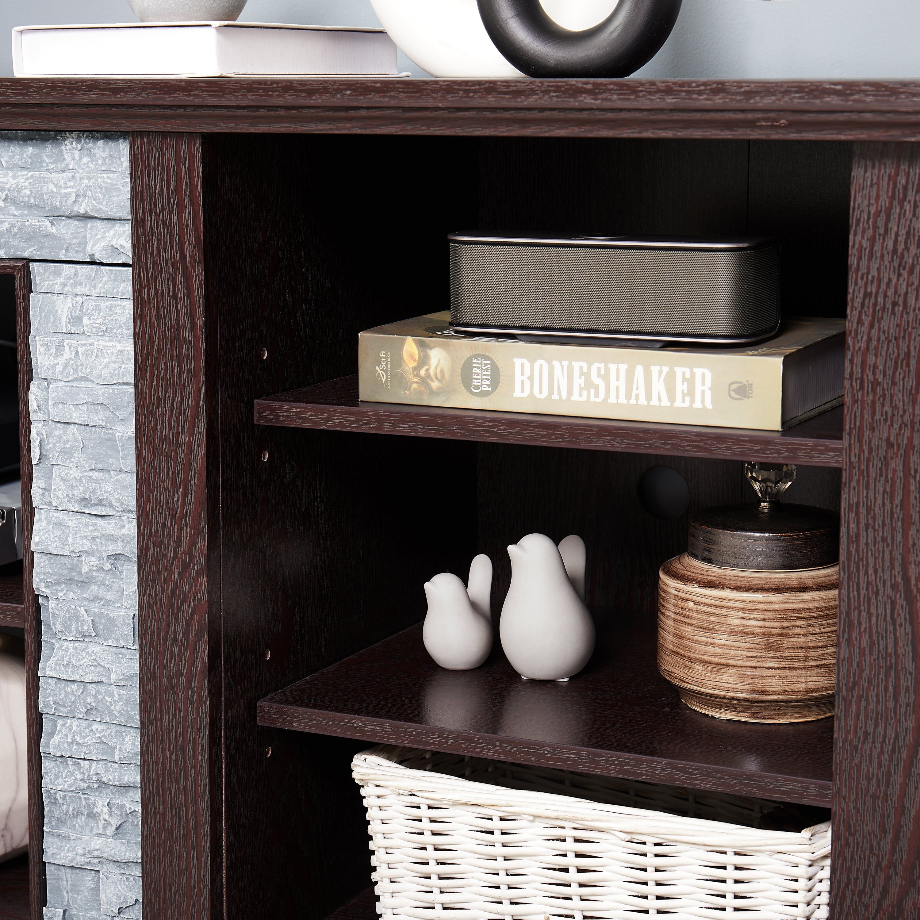 Large Faux Stacked Stone TV Stnad, Desk Storage Rack, Media Console Table with Large Storage Cabinet,Modern TV Media Entertaionment Stand,Cherry, 70.12'W*15.35'D*25.83'H