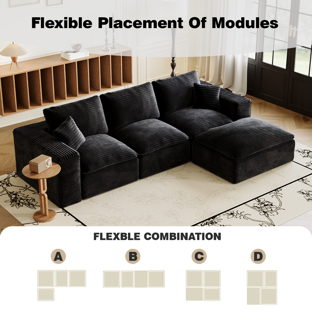 108' Cloud Sectional Couch with L-Shape Chaise, Left-right interchangeable,Modern Modular Sofa with Deep Seat, Upholstered Couches for Living Room Bedroom,No Assembly Required, Soft Plush Corduroy Fab