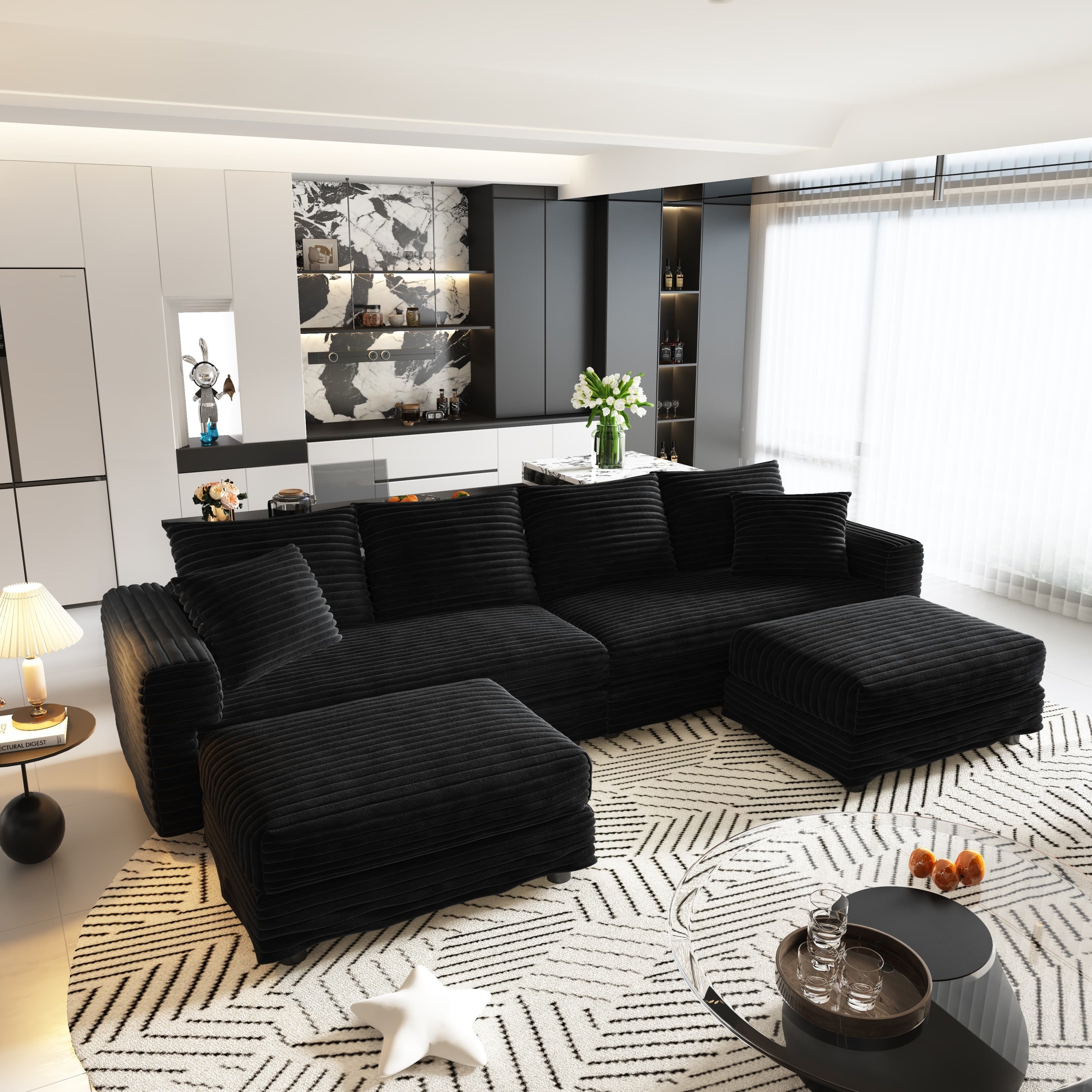 104.3 ' Plush Corduroy 4-Seat Sofa, Modern Comfy Upholstered Sofa Cloud Couch, Deep Seat Couches with Soft Pillows and 2 Ottomans, Convertible Sofa Lounge Chair, for Living Room,Apartment,Office,Black