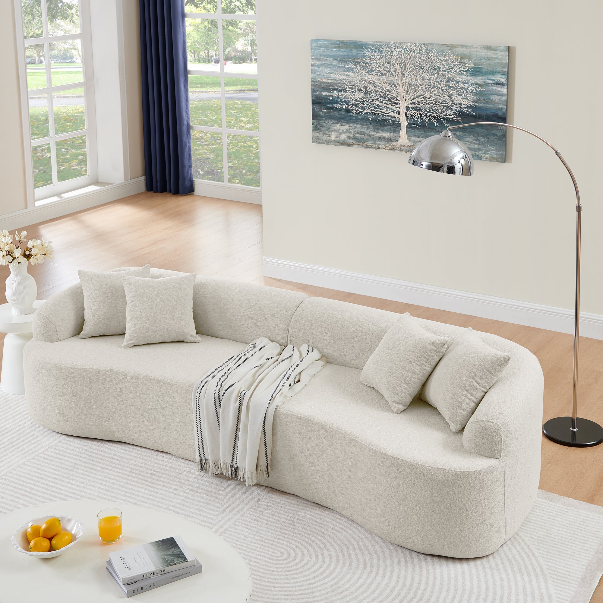 Curved Modular Sectional Sofa in Lamb's Wool Fabric, Modern Minimalist Style, Compressed (No Assembly Required), Comfy for Living Room & Bedroom - Beige