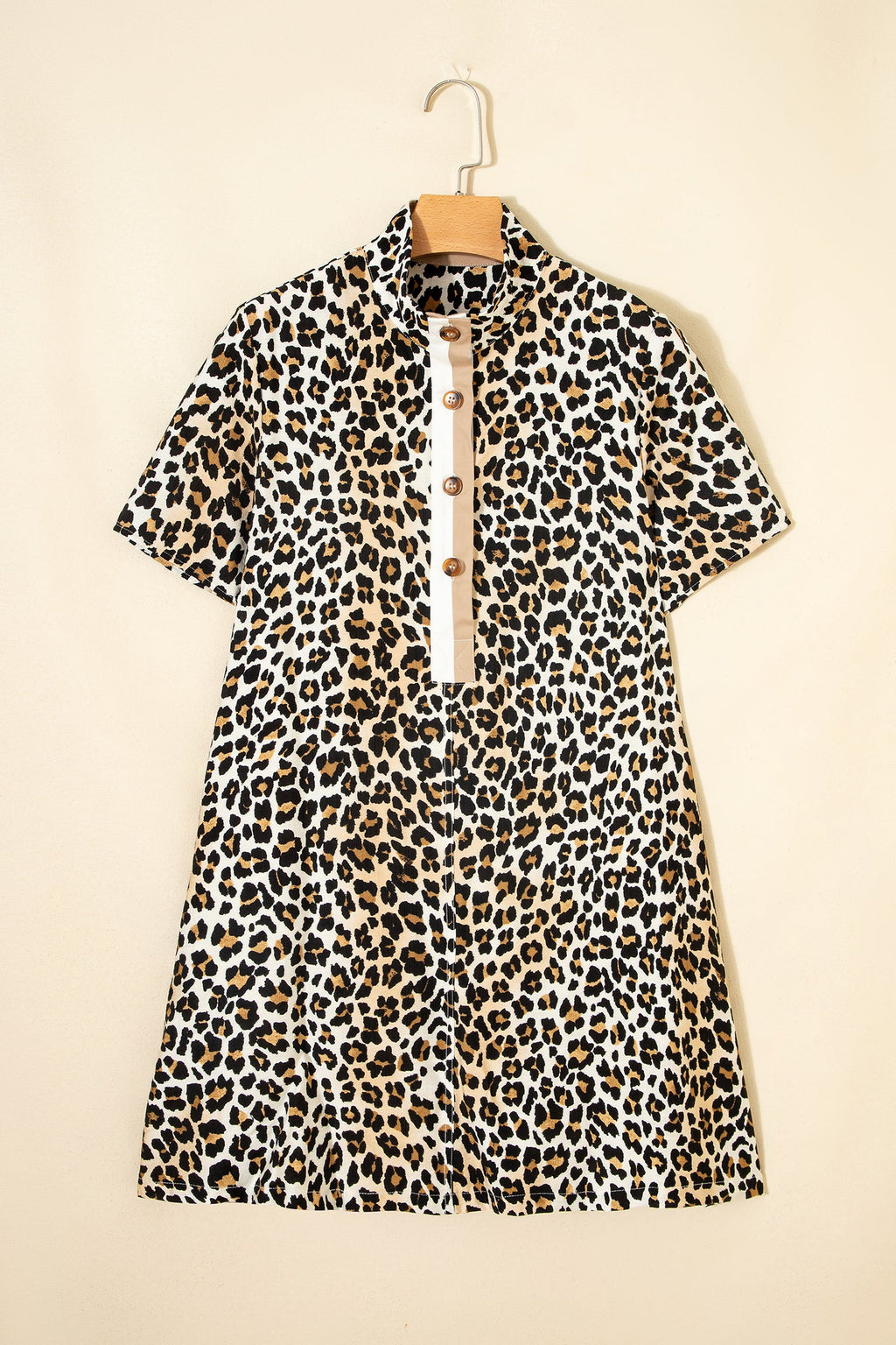 Leopard Half Buttoned Short Sleeve Mini Dress
