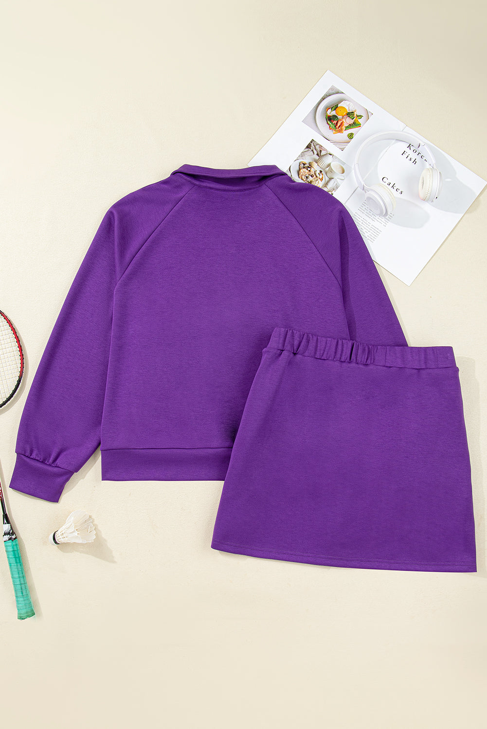 Plus Size Solid Half Zip Pullover and Mini Skirt Set
