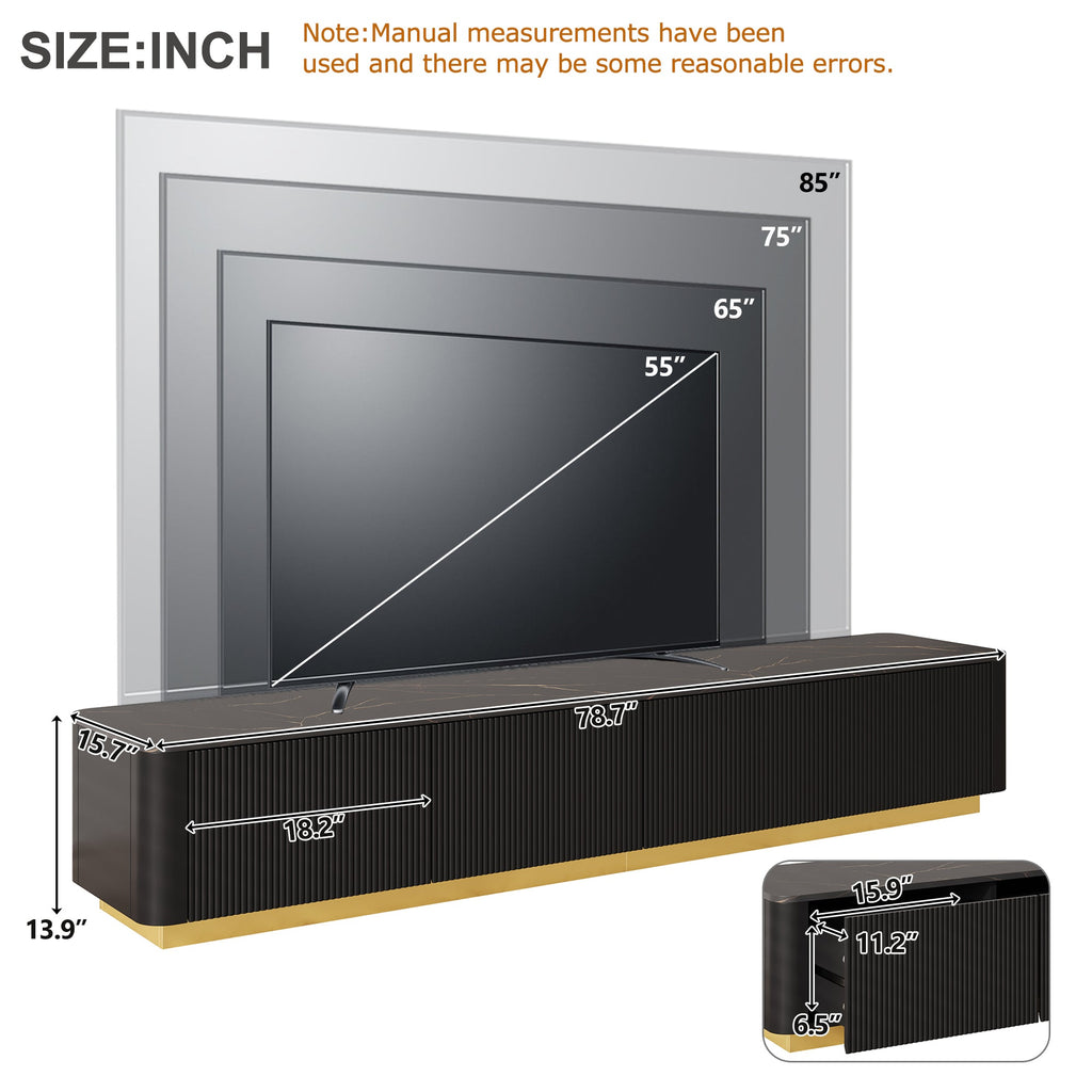 ON-TREND Luxury Fluted TV Stand for TVs Up to 85', Faux Marble Tabletop Media Console with 4 Drawers, Curved Profile Design, Modern Entertainment Center with Gold Base for Living Room, Black