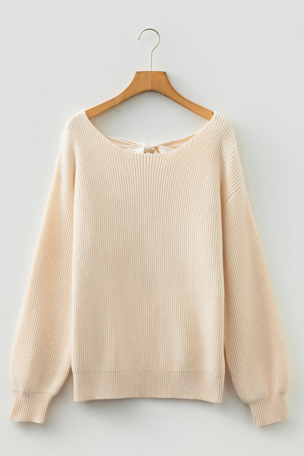 Ribbon Knot Backless Drop Shoulder Ribbed Sweater