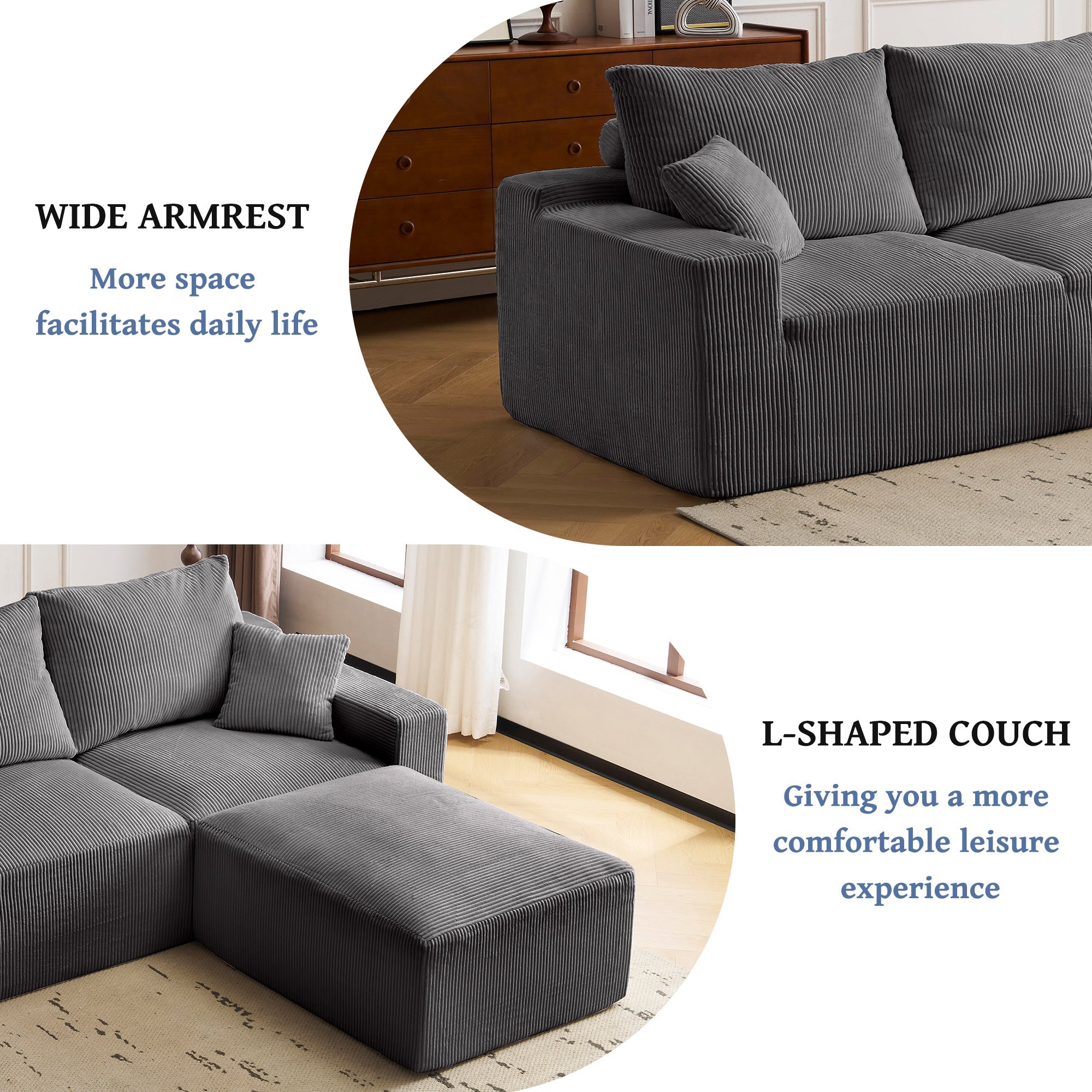 '110' L-Shaped Sectional Sofa, Full-Compression 3-Seater Cloud Couch with Chaise, No Assembly Required Sofa for Living Room, Ultra-Soft Deep Seat Modular Sofa(Corduroy, Grey)