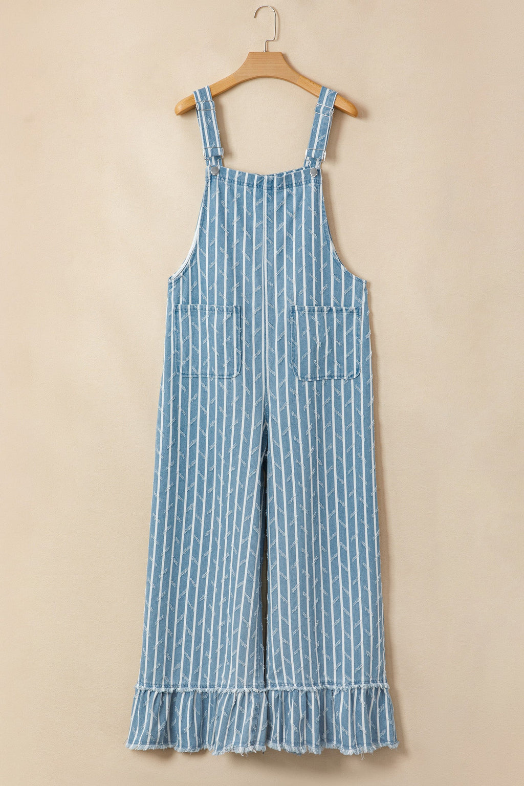Stripe Distressed Denim Ruffle Wide Leg Overalls