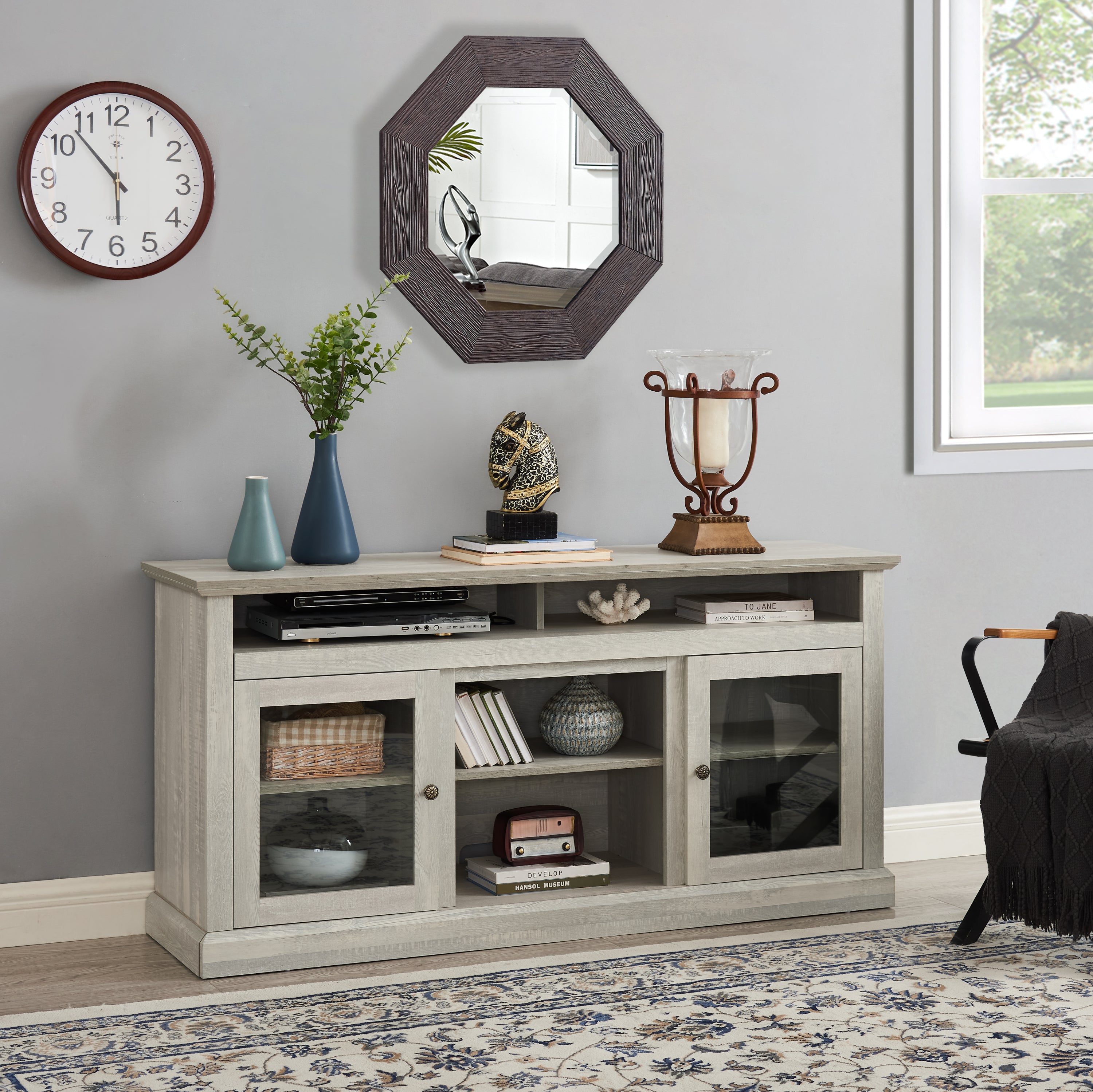 Contemporary TV Media Stand Modern Entertainment Console for TV Up to 65' with Open and Closed Storage Space, Stone Gray, 60'W*15.75'D*29'H