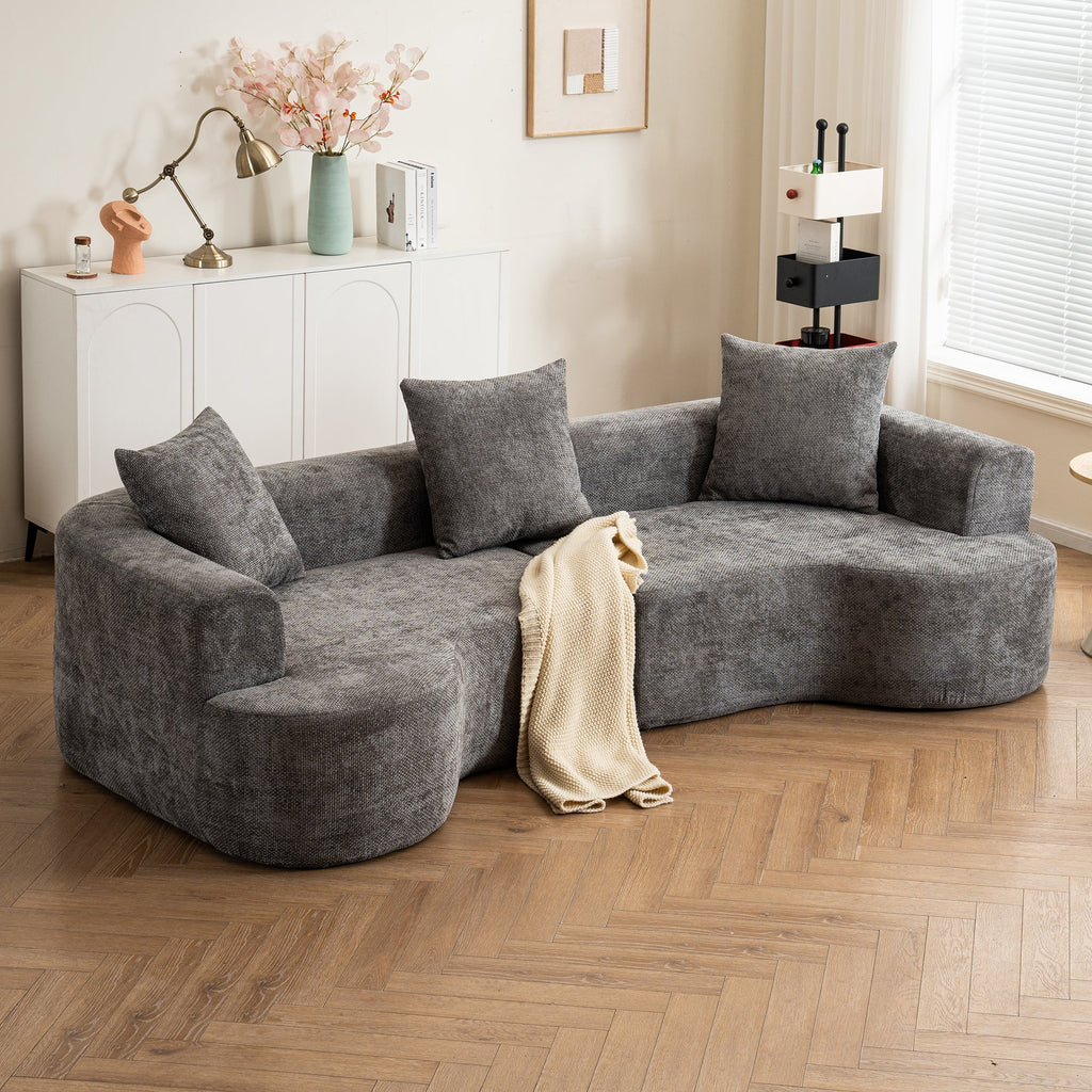 Modern Style Gray Curved Sofa, Soft Cushioned Corduroy Sofa with 3 Pillows, Living Room Cream White Super Smooth Curved Fabric Sofa
