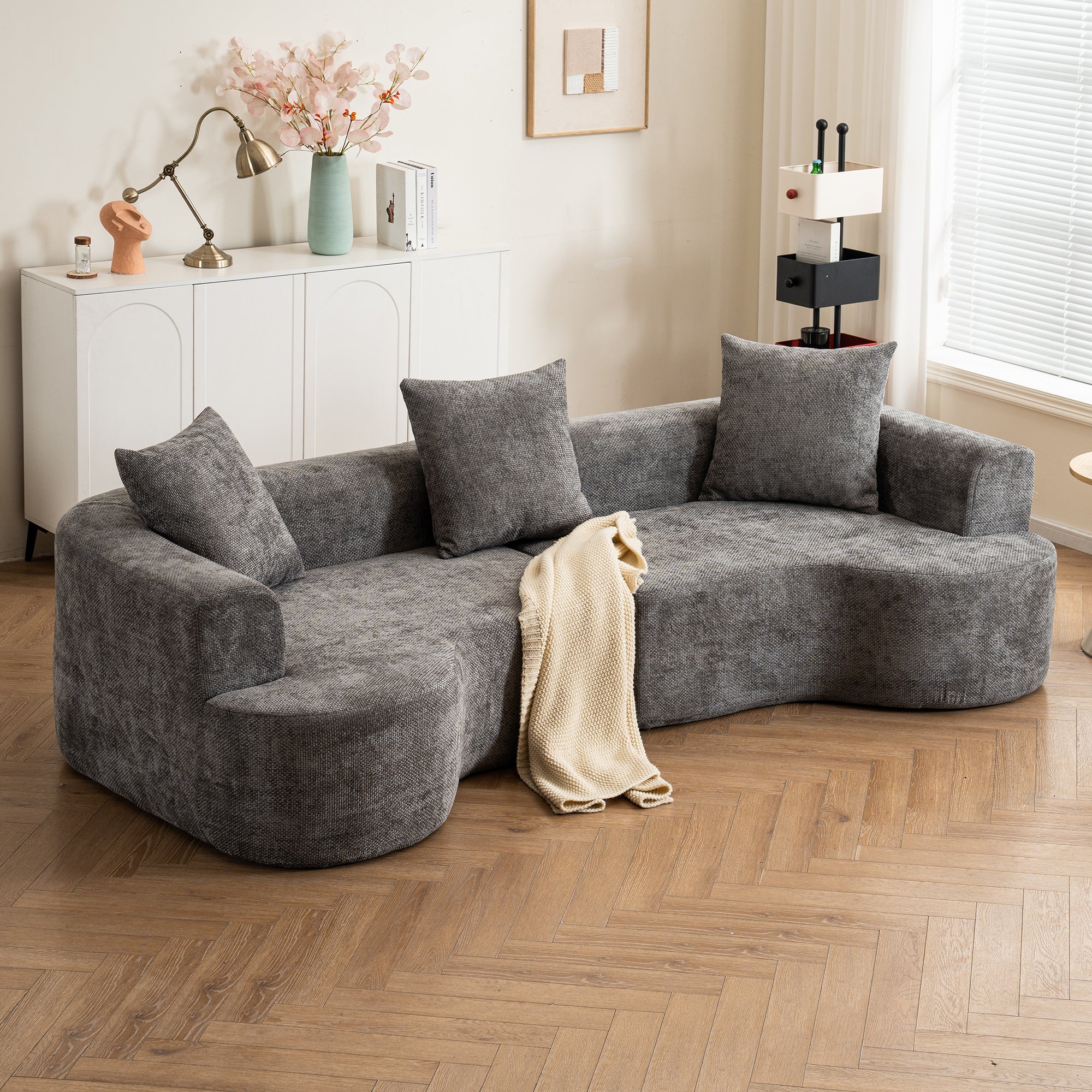 Modern Style Gray Curved Sofa, Soft Cushioned Corduroy Sofa with 3 Pillows, Living Room Cream White Super Smooth Curved Fabric Sofa