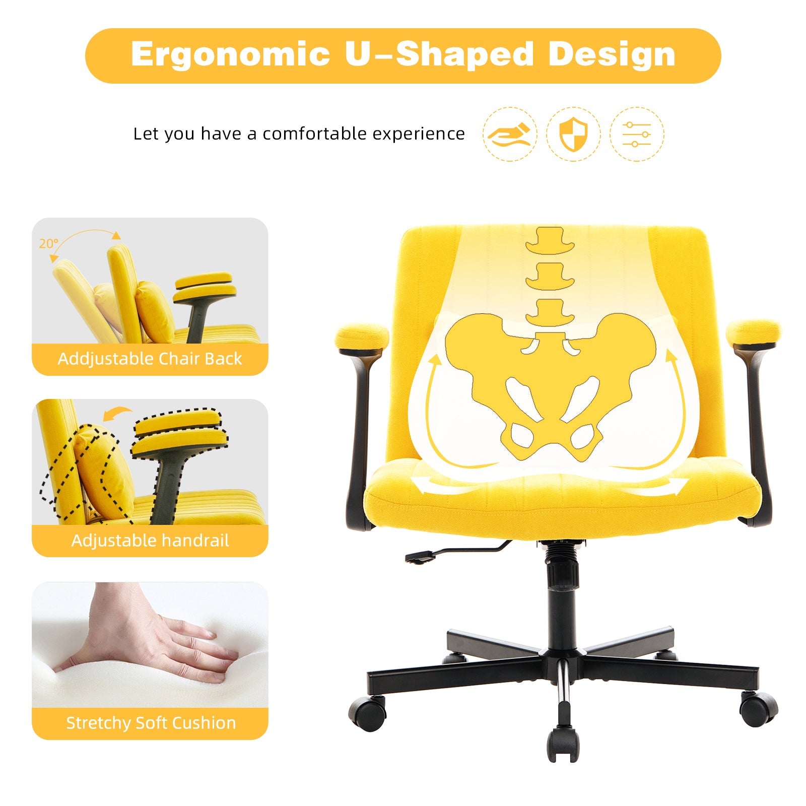 Yellow Linen Criss Cross Armrest Office Chair with Wheels - Ergonomic for Home Office, Work & Study