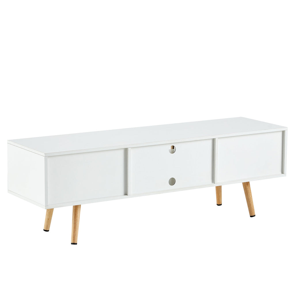 Modern Rattan TV Cabinet with Double Sliding Doors, Adjustable Shelf, Solid Wood Legs, White, 55.12 inches