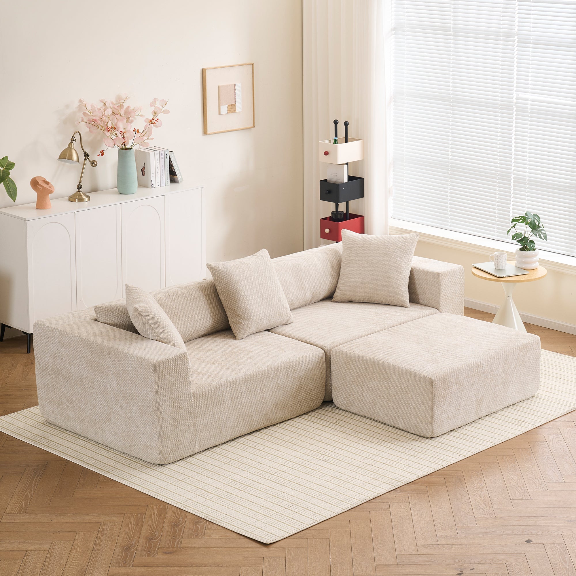 Modular cross-section with L-shaped lounge chair, cloud sofa, living room, bedroom soft cushion sofa - no installation required - chenille fabric  (Beige)