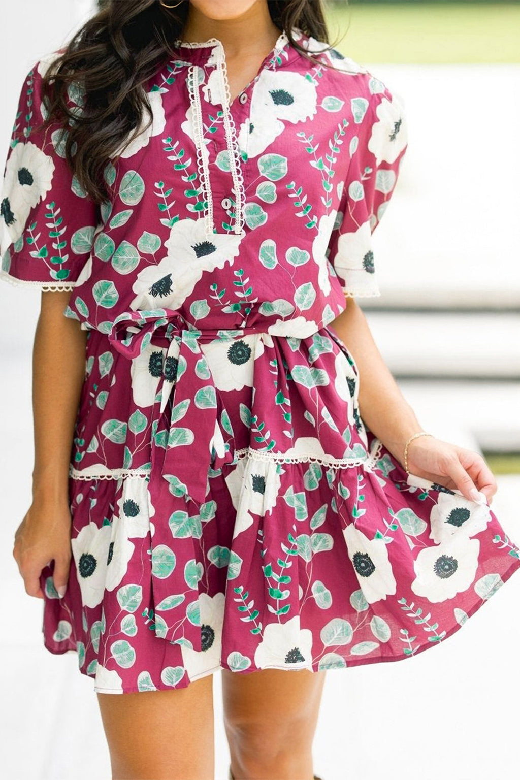 Floral Short Puff Sleeve Belted Mini Dress