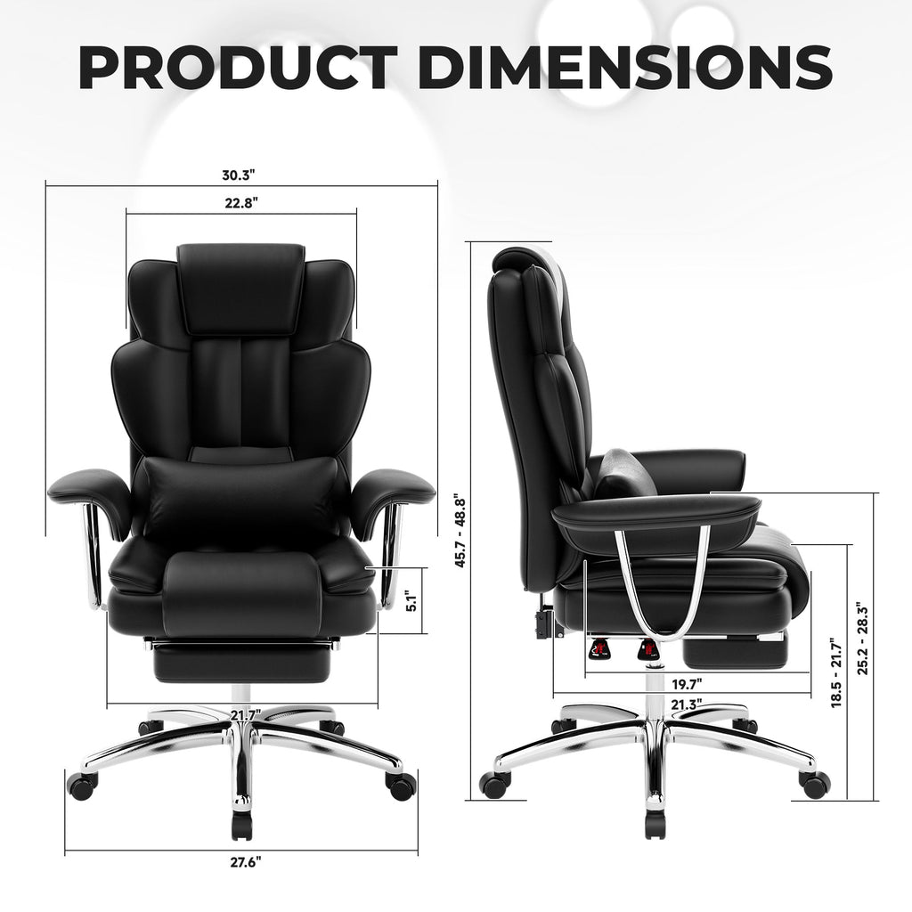 Office Chair, Big and Tall Executive Office Chair with Footrest, Leather Computer Chair, Ergonomic Reclining Chair High Back, Large Home Office Chair (Black)
