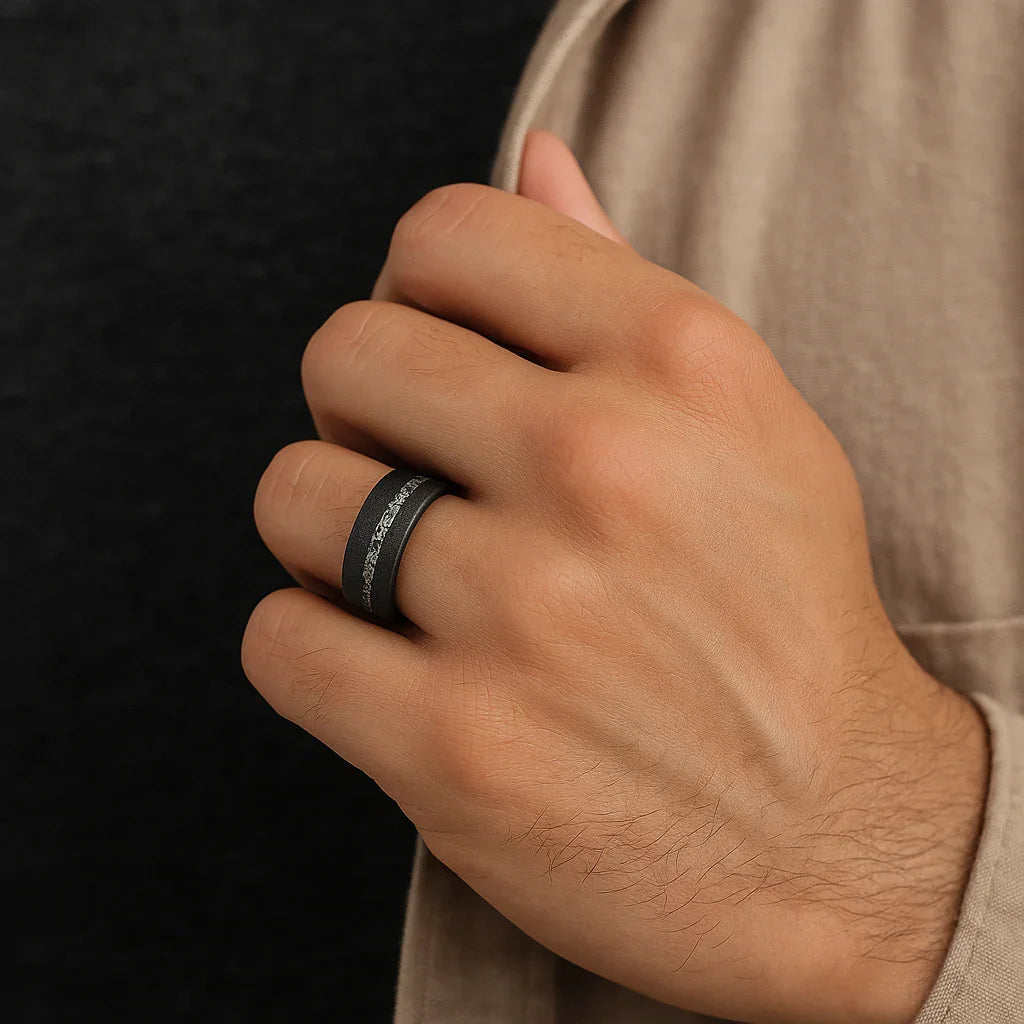 ABYSS Sandblasted Black Tungsten Ring with Meteorite Fragments Inlay – 8mm