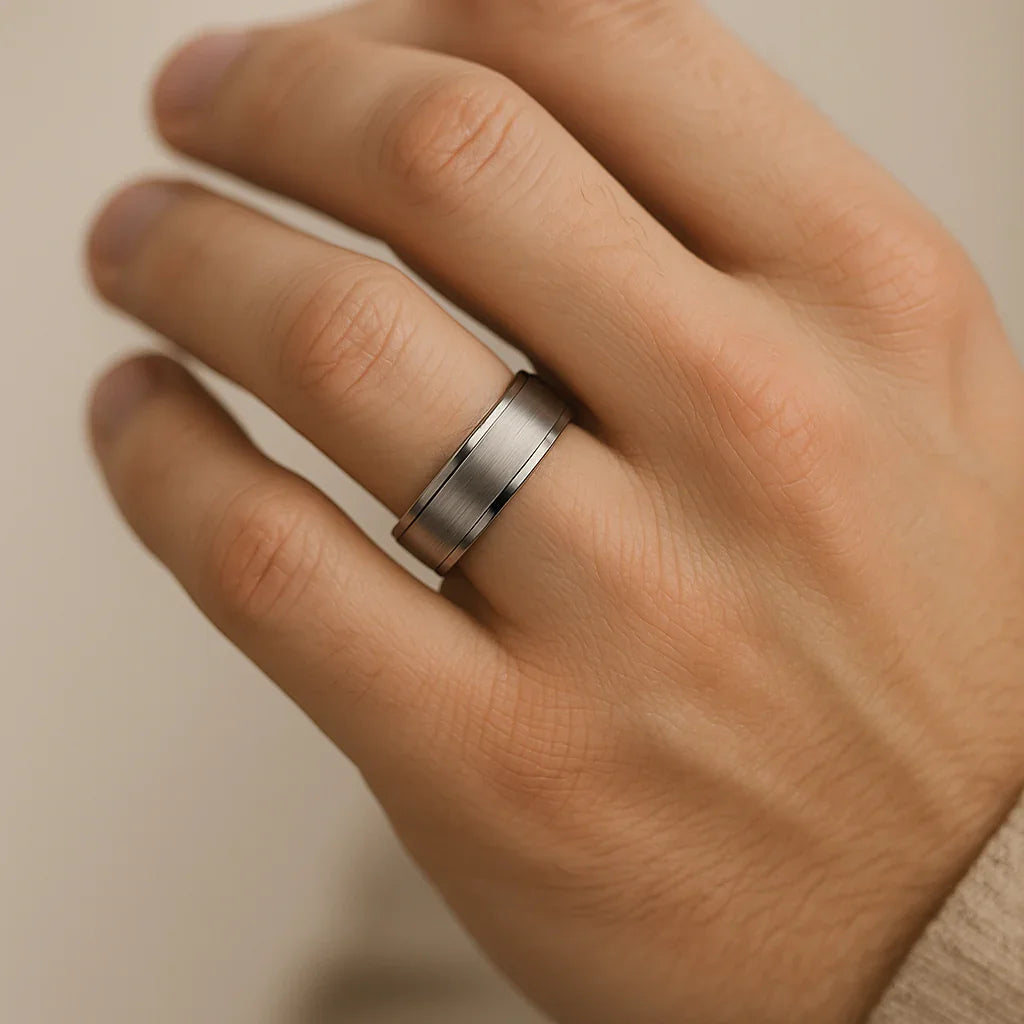 CRONUS Brushed Center with Polished Bevels Tungsten Wedding Band - 6mm & 8mm