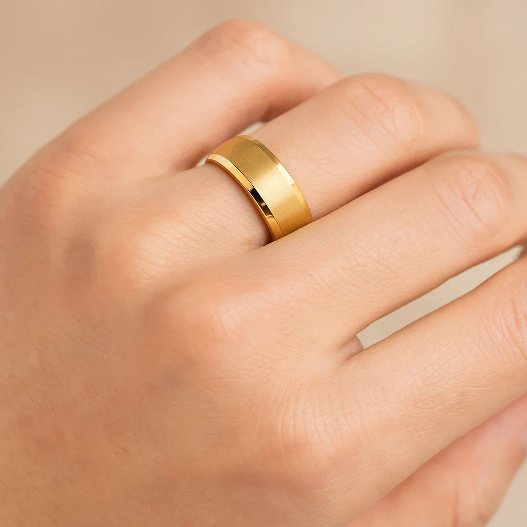 HONOR Gold-Plated Tungsten Beveled Edge Flat Ring with Brushed Center – 6mm & 8mm