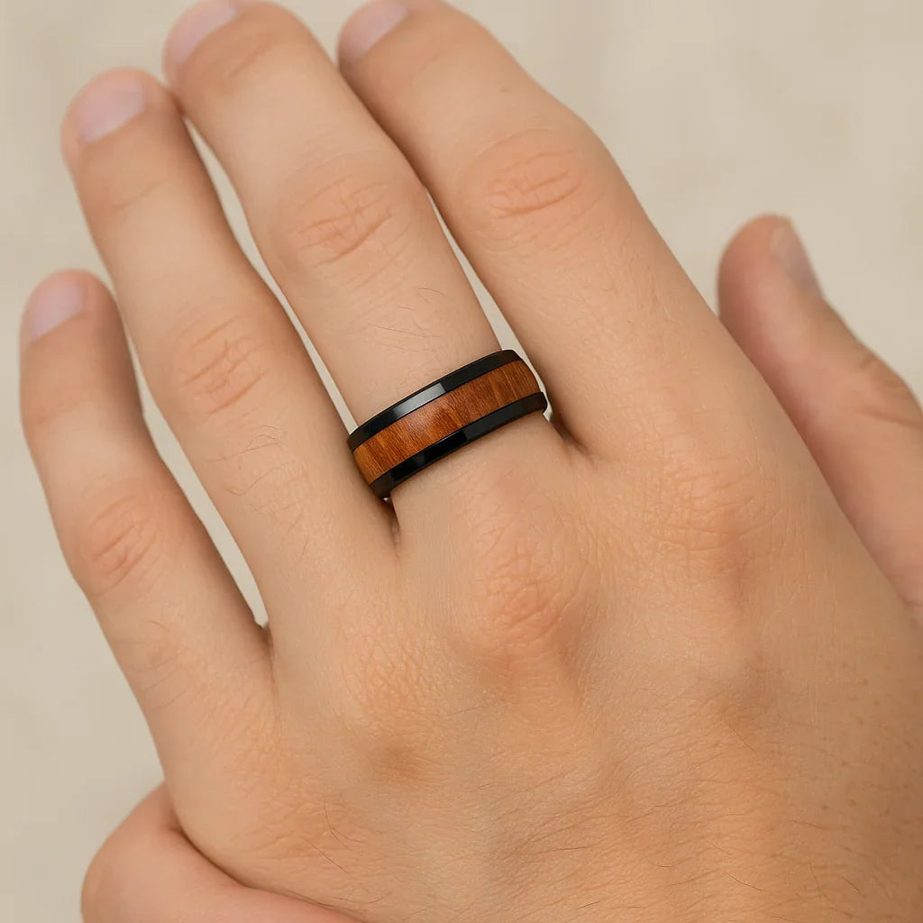ODYSSEY Black Ceramic Wedding Band with Domed Polished Finish and Carpathian Elm Wood Inlay - 8mm