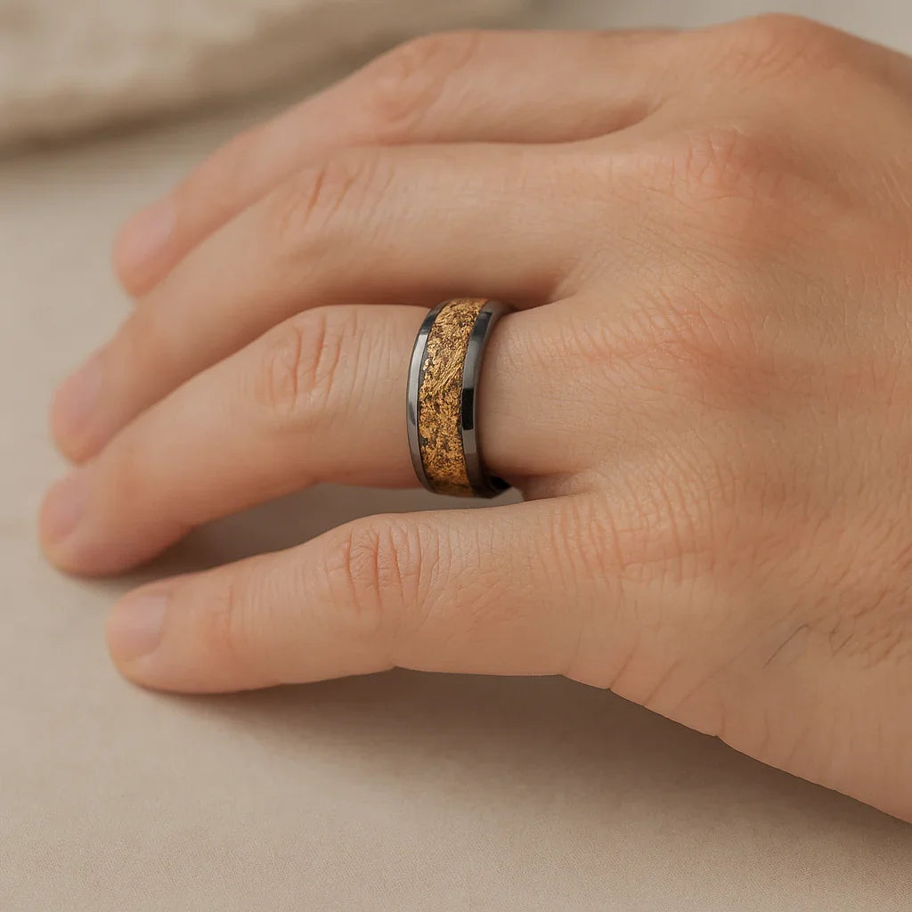 LUXE Tungsten Carbide Ring with Decorative Gold Flakes Inlay, 8mm