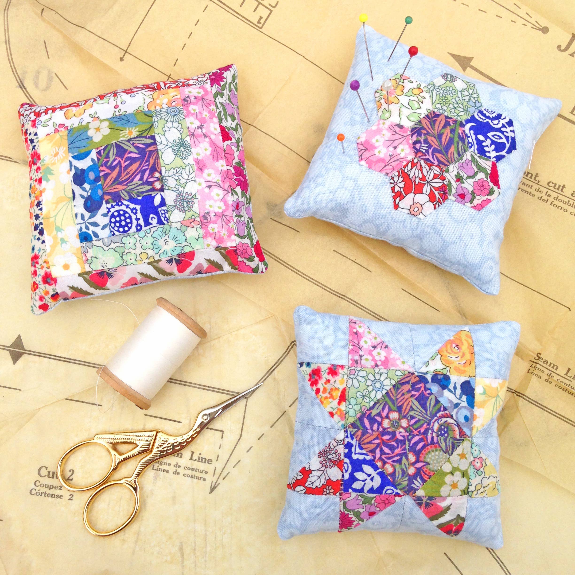 Liberty Patchwork Pincushion Kit – Set of 3