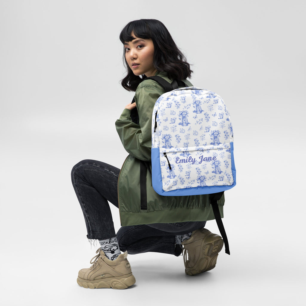 Vintage Blue Toile Printed Backpack with Custom Name