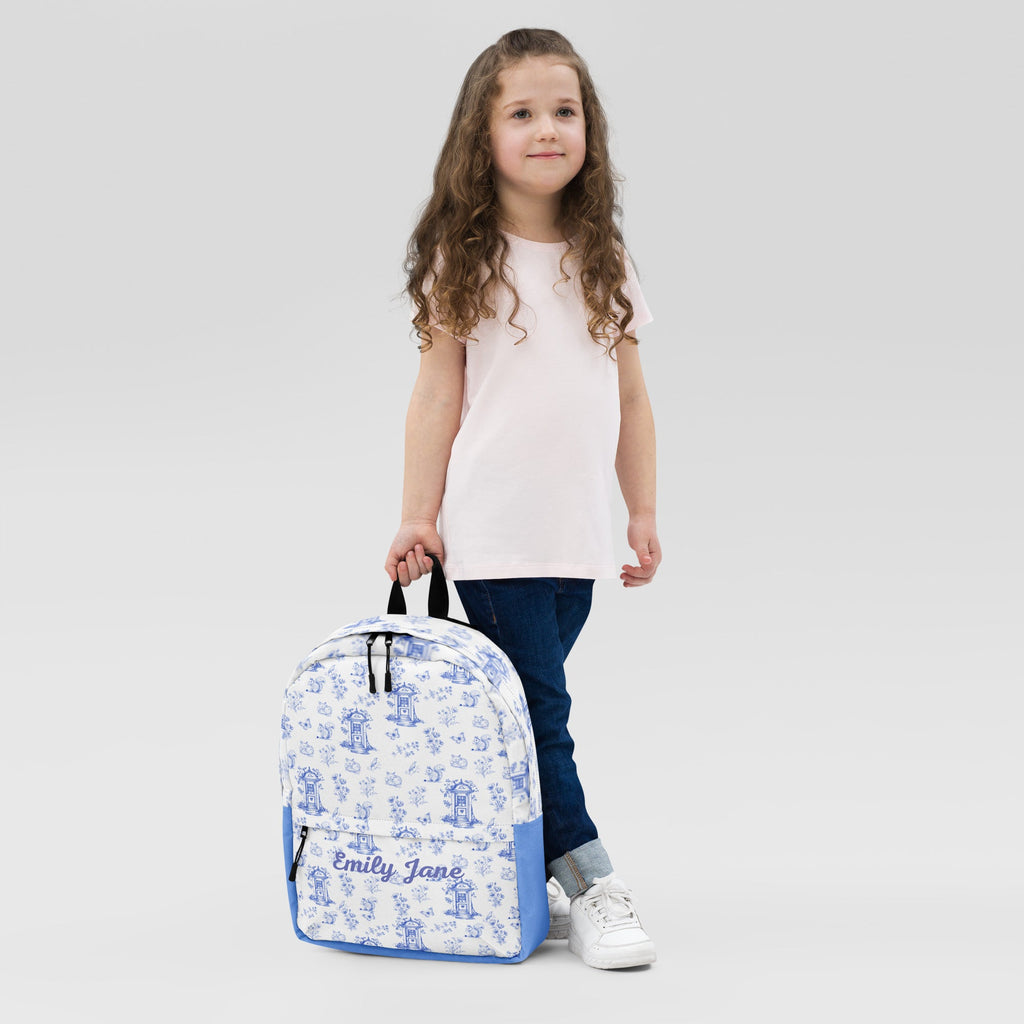 Vintage Blue Toile Printed Backpack with Custom Name