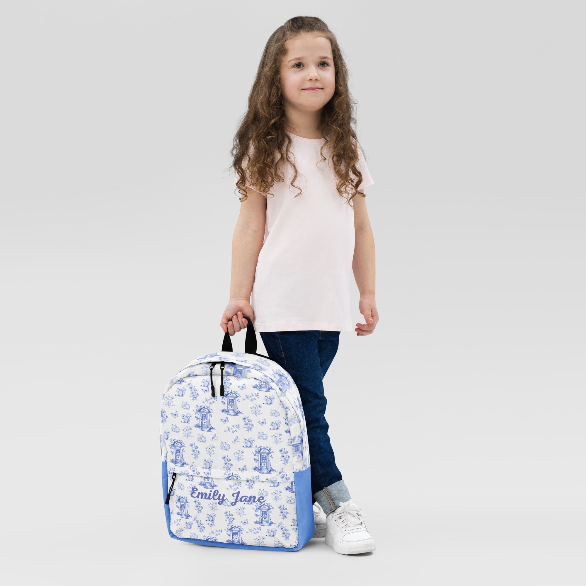Vintage Blue Toile Printed Backpack with Custom Name